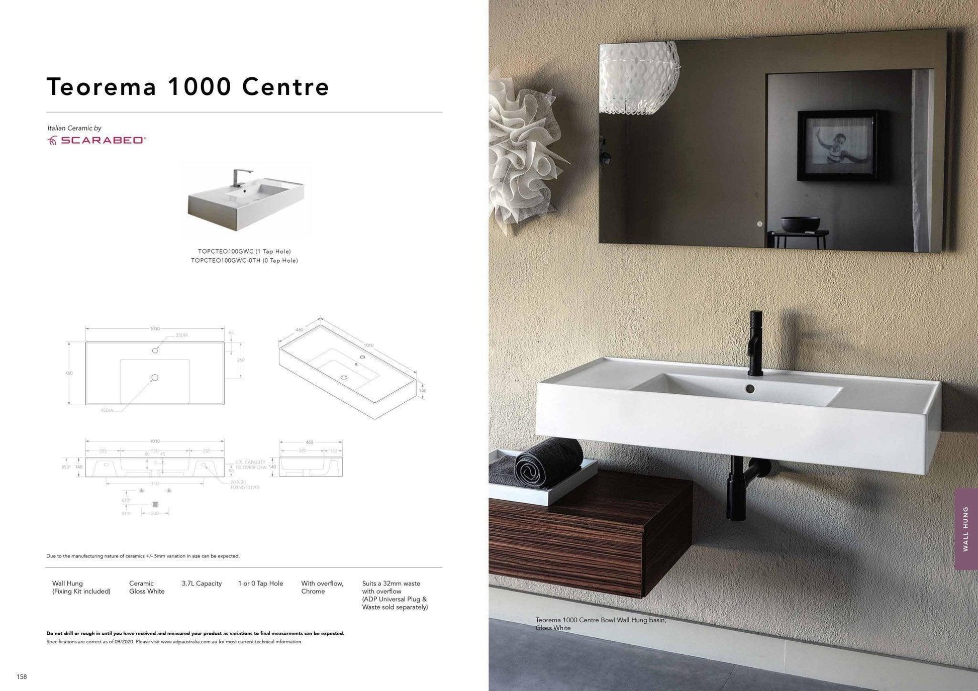 ADP Teorema 1000mm Ceramic Wall Hung Basin - Ideal Bathroom CentreTOPCTEO100GWLLeft Bowl1 Tap Hole