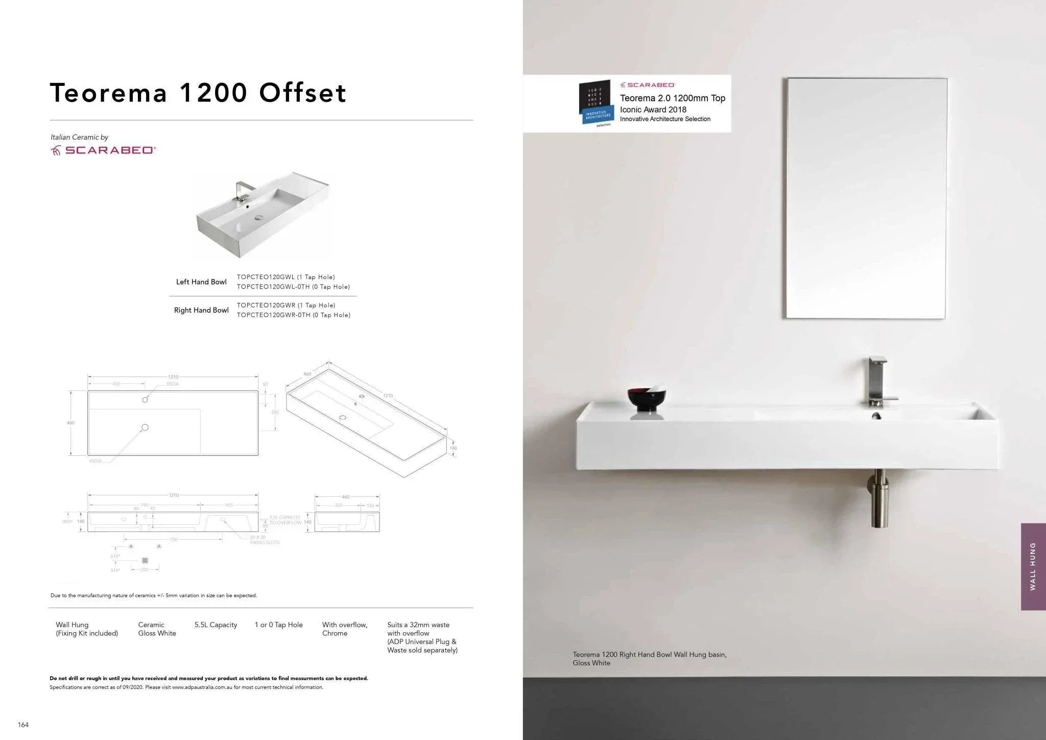 ADP Teorema 1200mm Ceramic Wall Hung Basin - Ideal Bathroom CentreTOPCTEO120GWCCentre Bowl1 Tap Hole