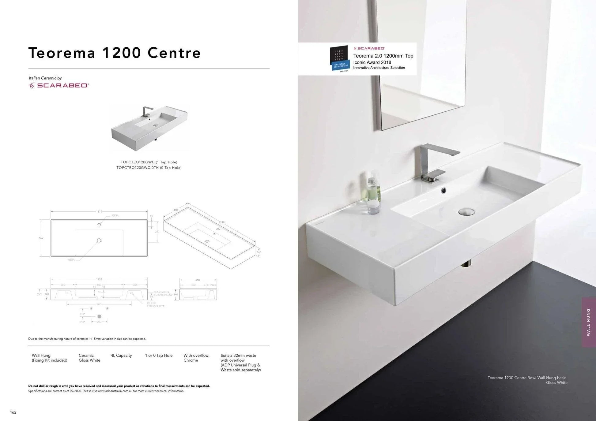 ADP Teorema 1200mm Ceramic Wall Hung Basin - Ideal Bathroom CentreTOPCTEO120GWCCentre Bowl1 Tap Hole