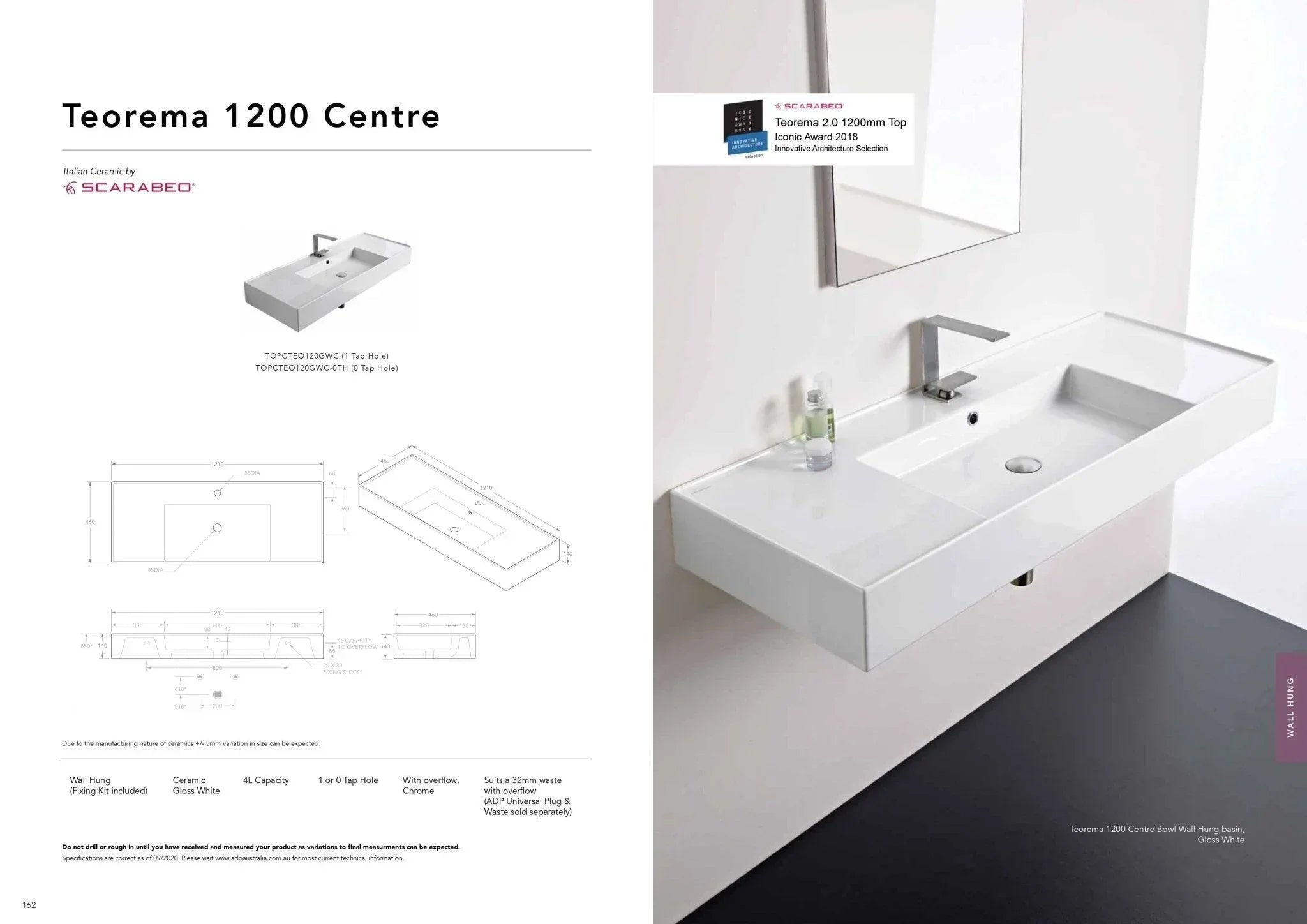 ADP Teorema 1200mm Ceramic Wall Hung Basin - Ideal Bathroom CentreTOPCTEO120GWCCentre Bowl1 Tap Hole