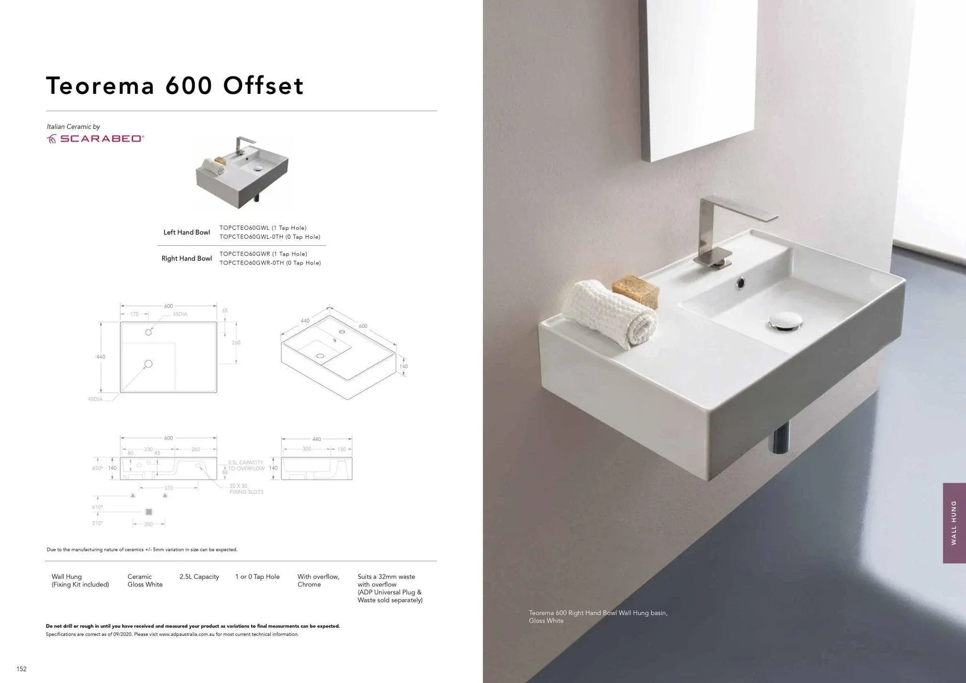 ADP Teorema 600mm Ceramic Wall Hung Basin - Ideal Bathroom CentreTOPCTEO60GWLLeft Bowl1 Tap Hole