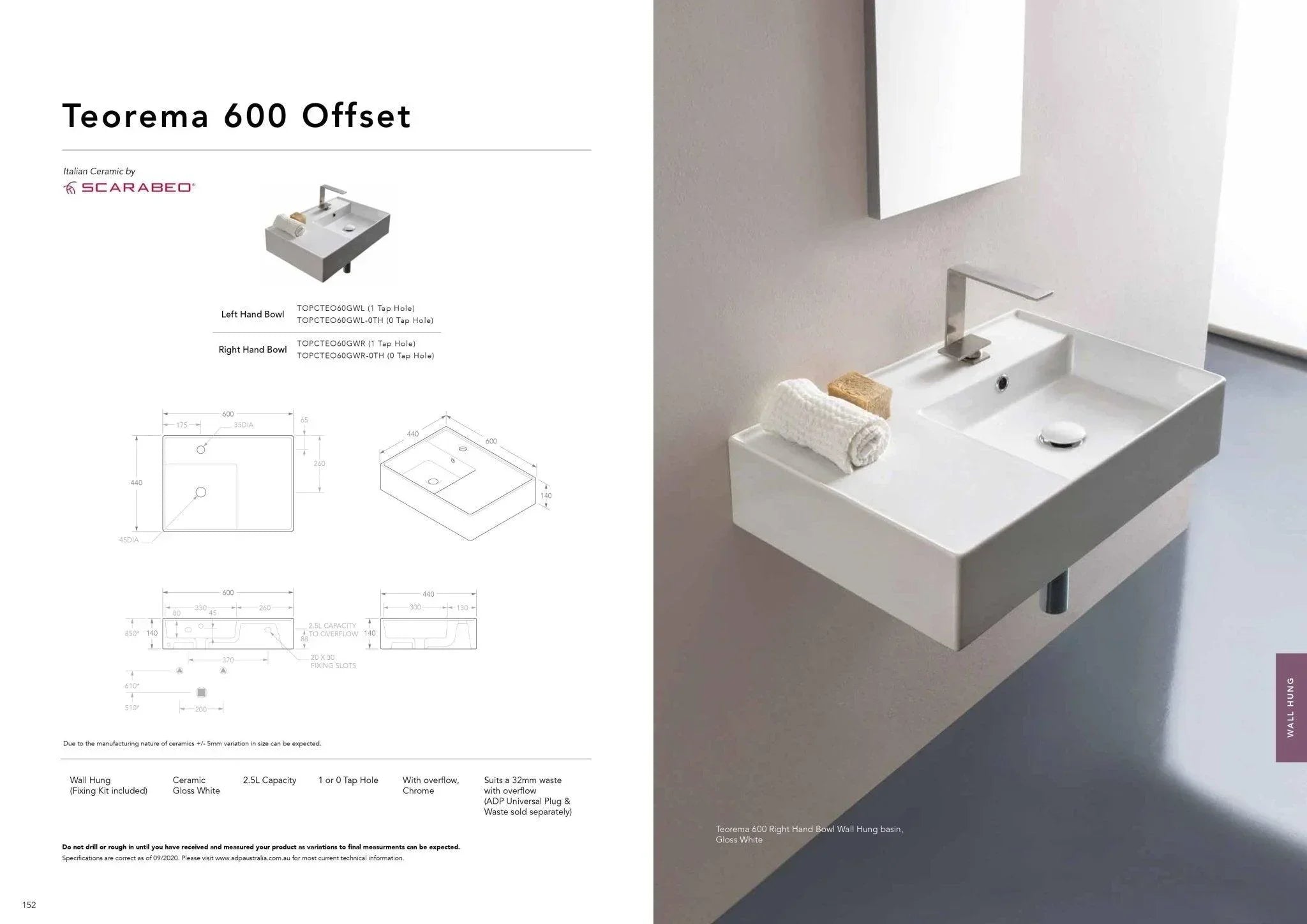 ADP Teorema 600mm Ceramic Wall Hung Basin - Ideal Bathroom CentreTOPCTEO60GWLLeft Bowl1 Tap Hole