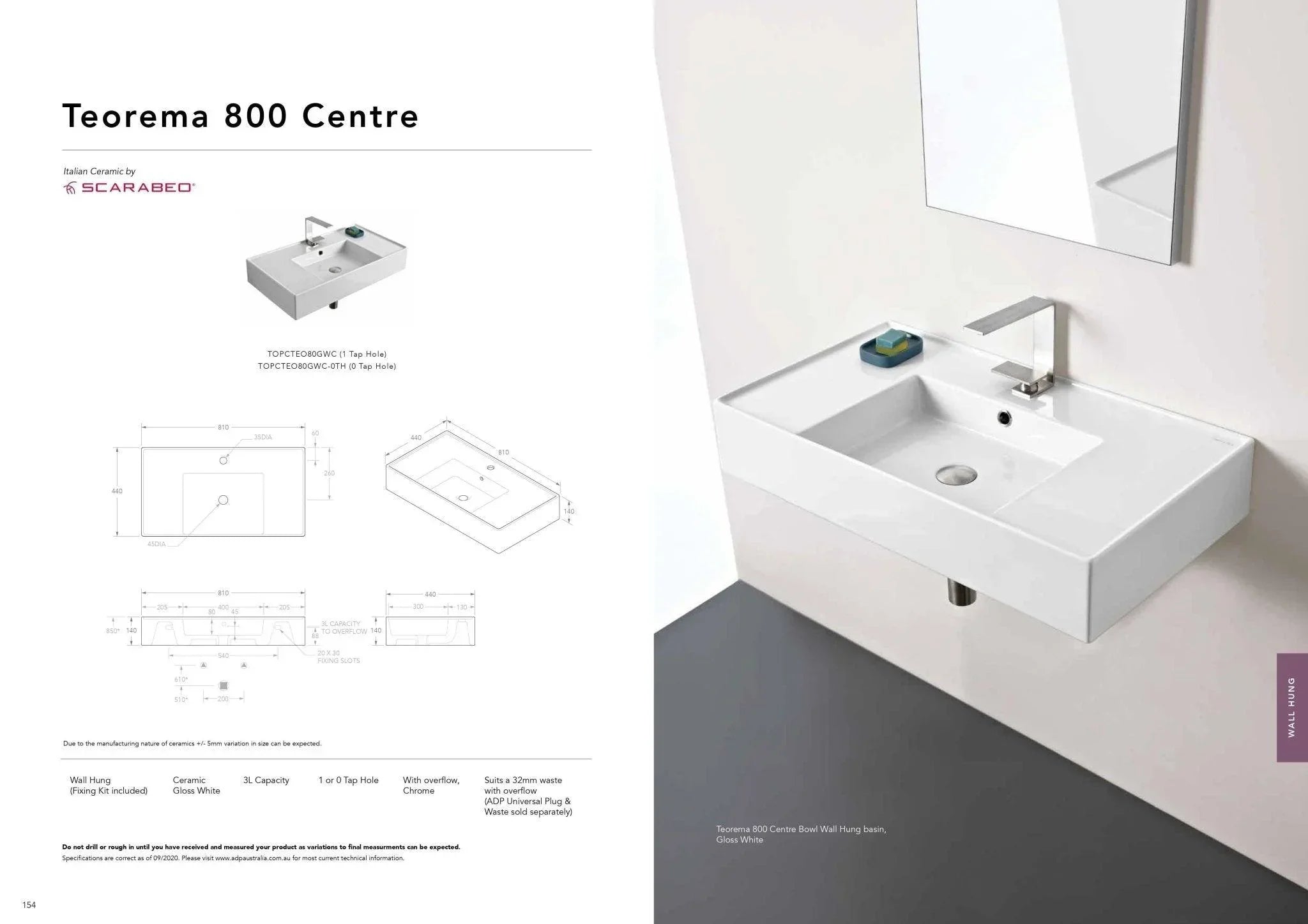 ADP Teorema 800mm Ceramic Wall Hung Basin - Ideal Bathroom CentreTOPCTEO80GWLLeft Bowl1 Tap Hole