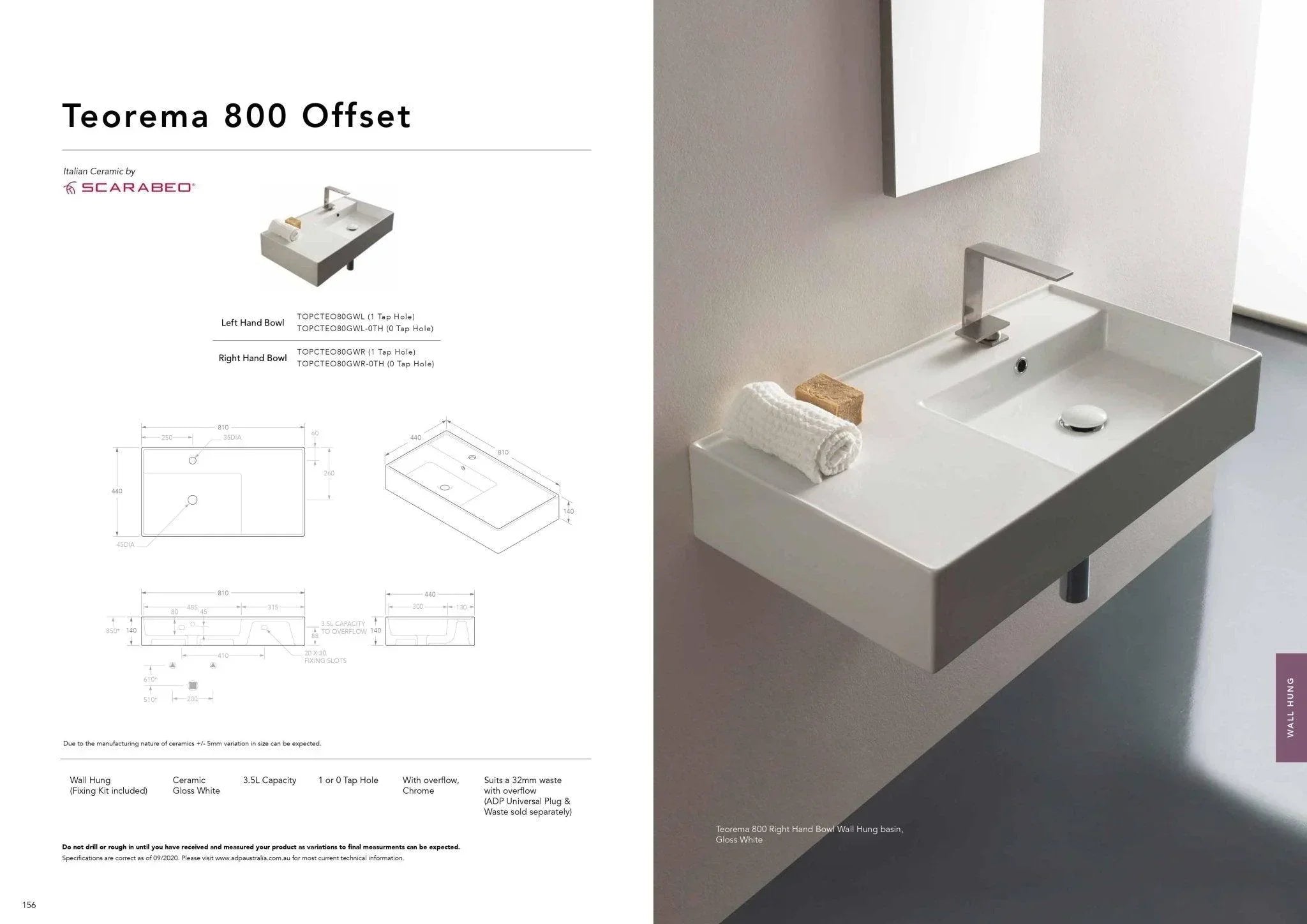 ADP Teorema 800mm Ceramic Wall Hung Basin - Ideal Bathroom CentreTOPCTEO80GWLLeft Bowl1 Tap Hole