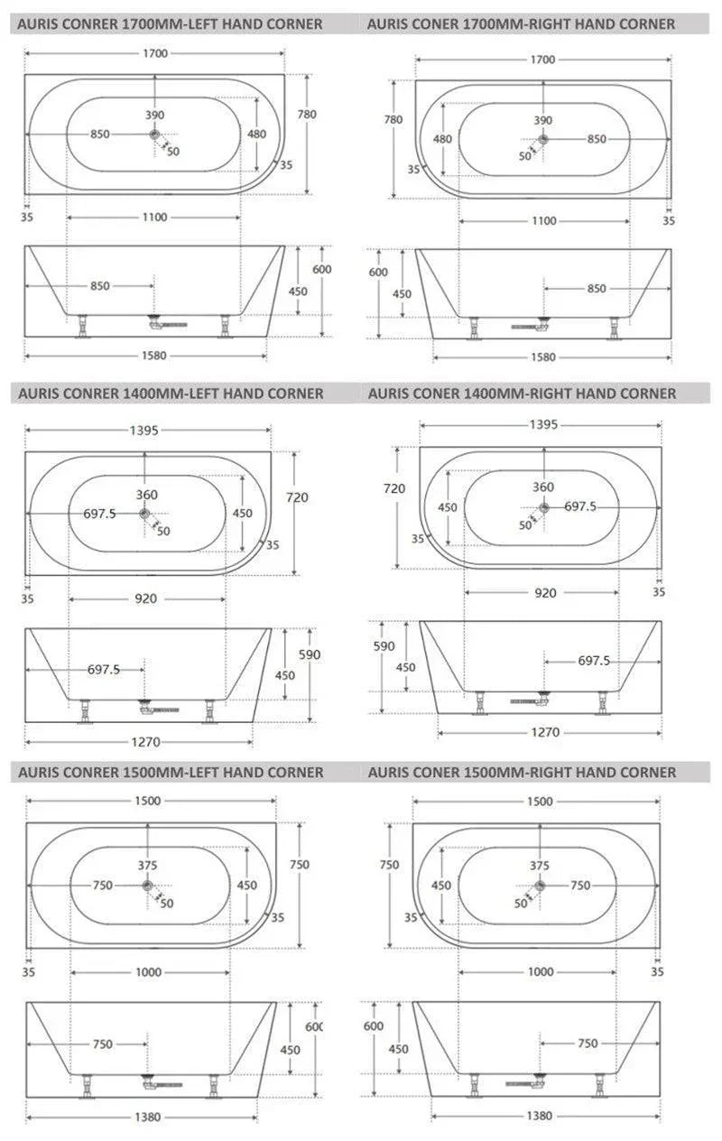 Cassa Design Auris Corner Back to Wall Bathtub-Gloss White - Ideal Bathroom CentreBT-NA1400LH1400mmLeft Hand Corner