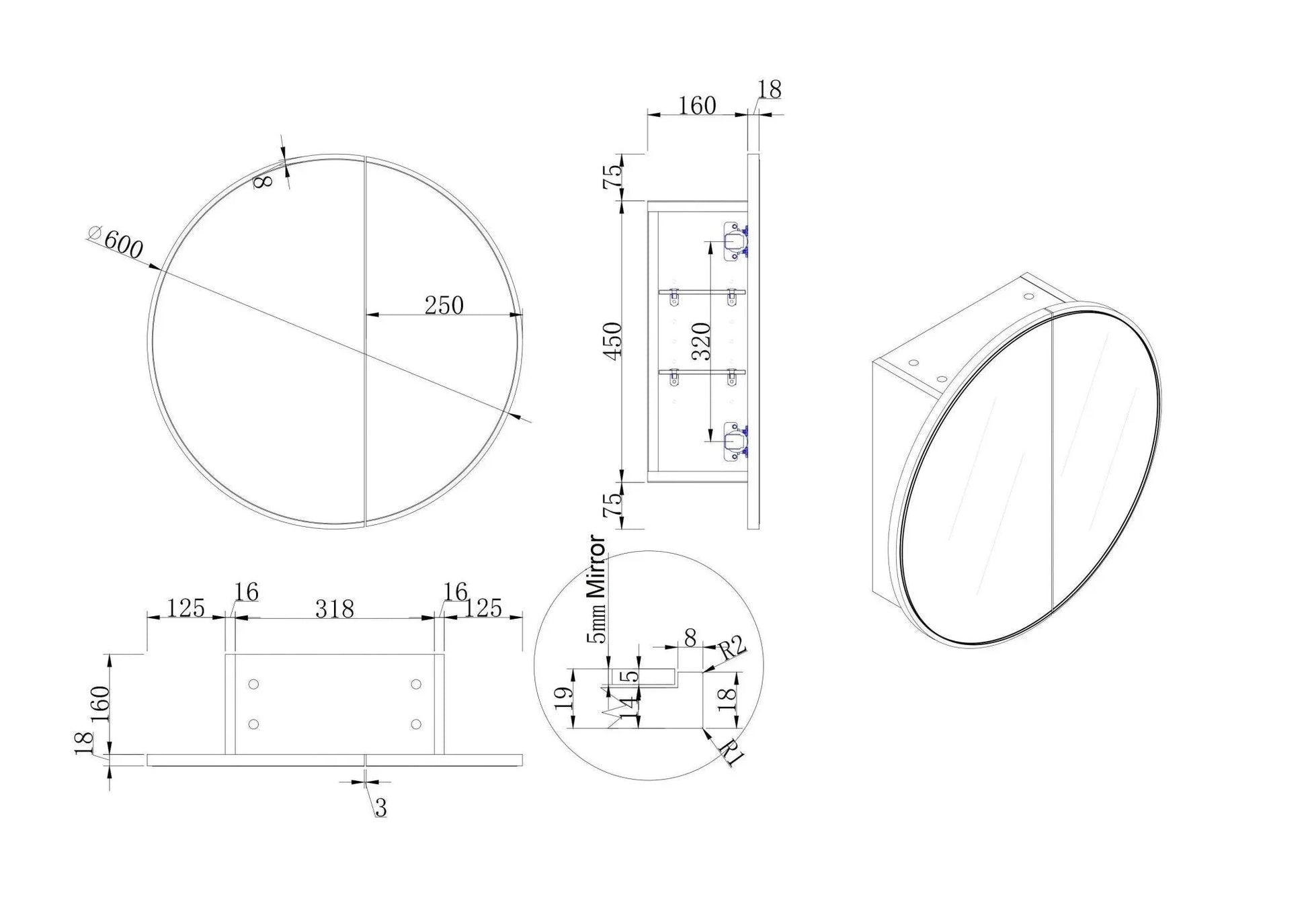 Cassa Design Auris Round Shaving Cabinet - Ideal Bathroom CentreAURIS600BMatte Black600mm