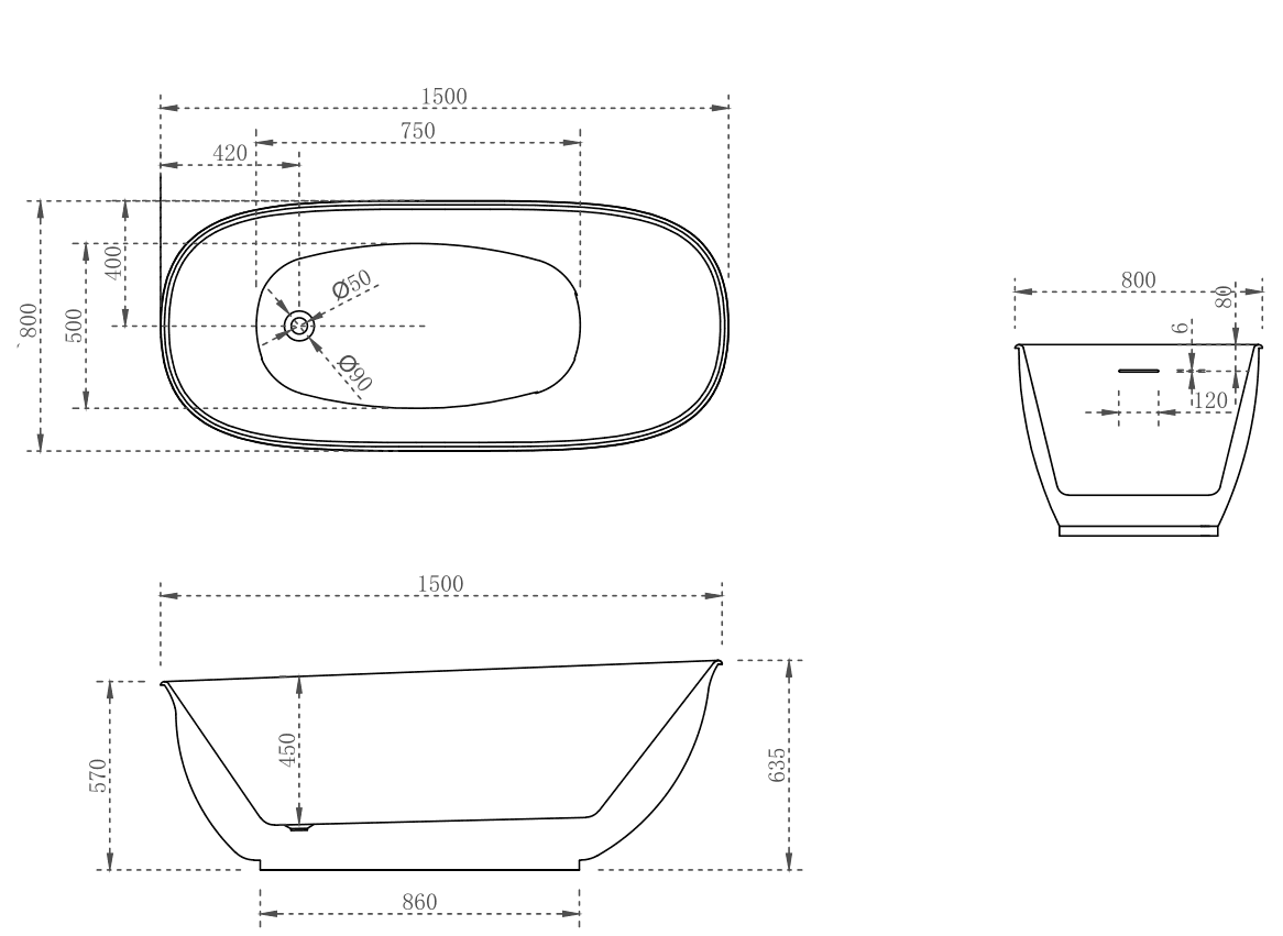 Cassa Design Vita High-Rise Freestanding Bath-Matte White - Ideal Bathroom CentreBT-VI1500M1500mm