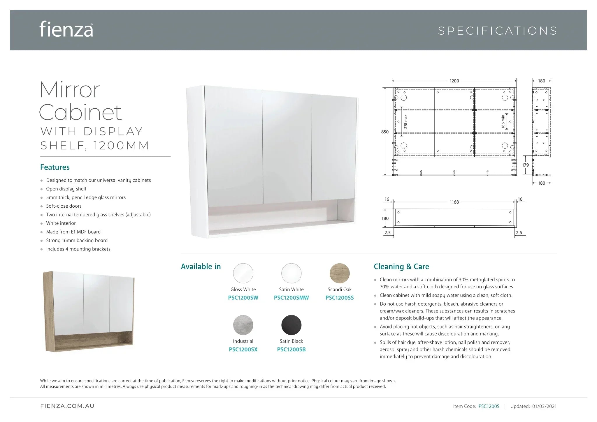 Fienza 1200 Mirror Cabinet with Display Shelf - Ideal Bathroom CentrePSC1200SBSatin Black