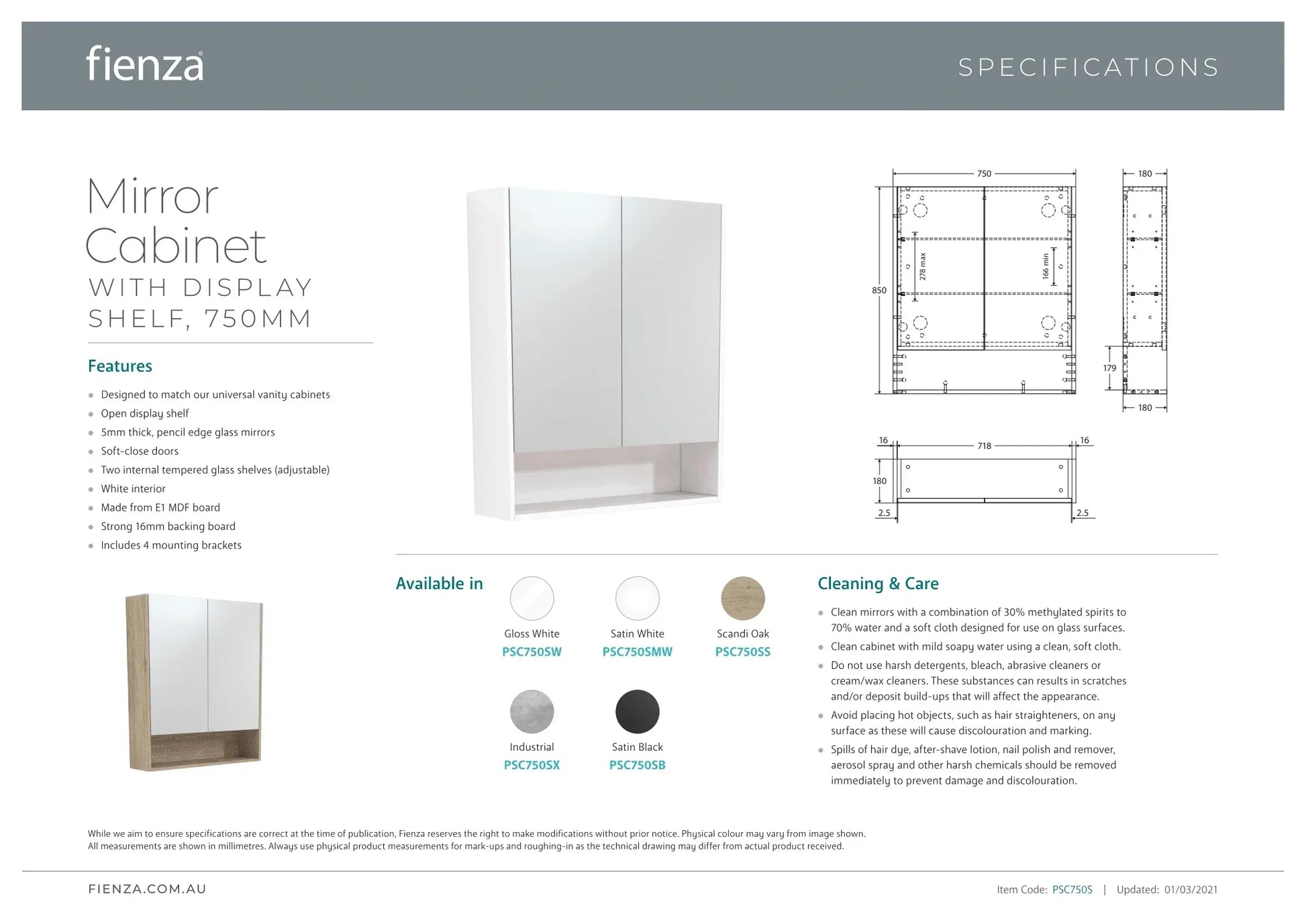 Fienza 750 Mirror Cabinet with Display Shelf - Ideal Bathroom CentrePSC750SBSatin Black