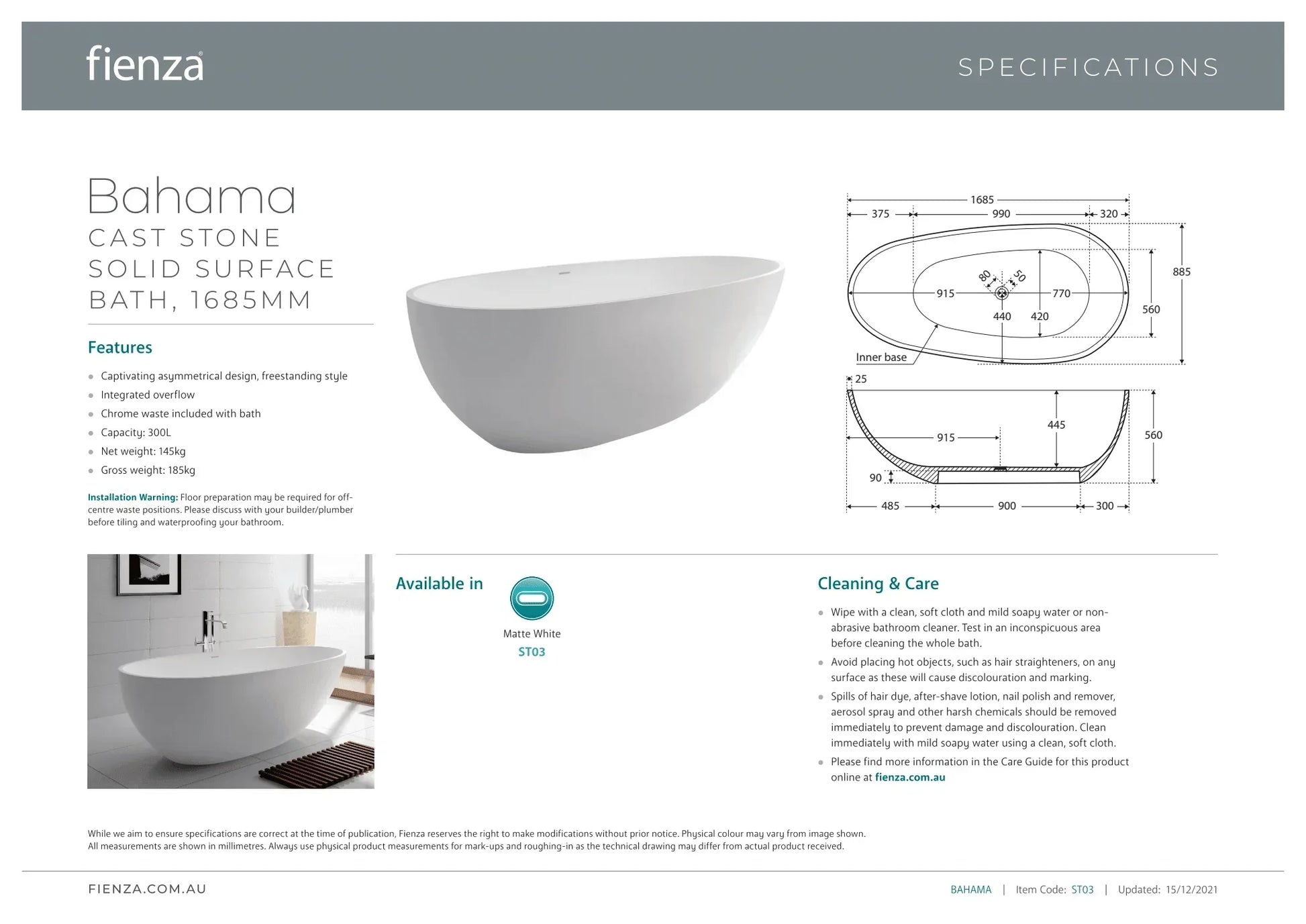 Fienza Bahama 1500/1685 Matte White Stone Freestanding Bath - Ideal Bathroom CentreST031685mm