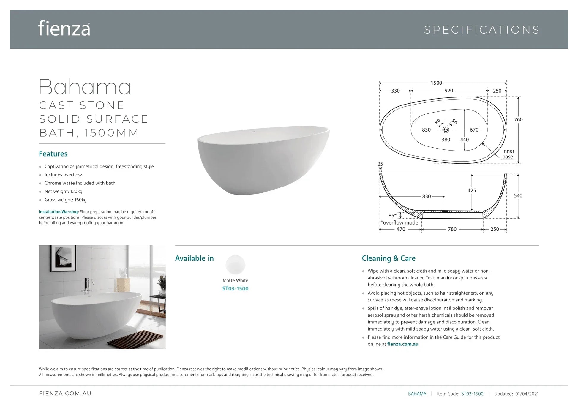 Fienza Bahama 1500/1685 Matte White Stone Freestanding Bath - Ideal Bathroom CentreST031685mm