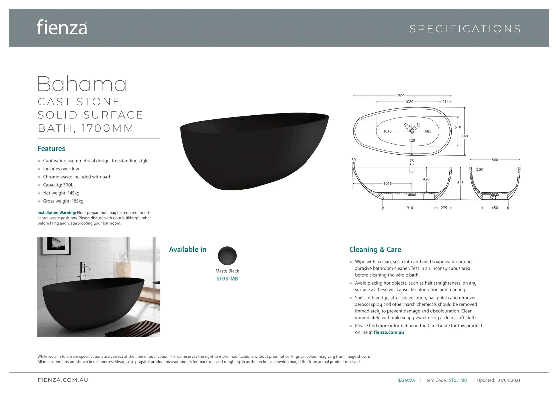 Fienza Bahama 1685 Matte Black Stone Freestanding Bath - Ideal Bathroom CentreST03-MB
