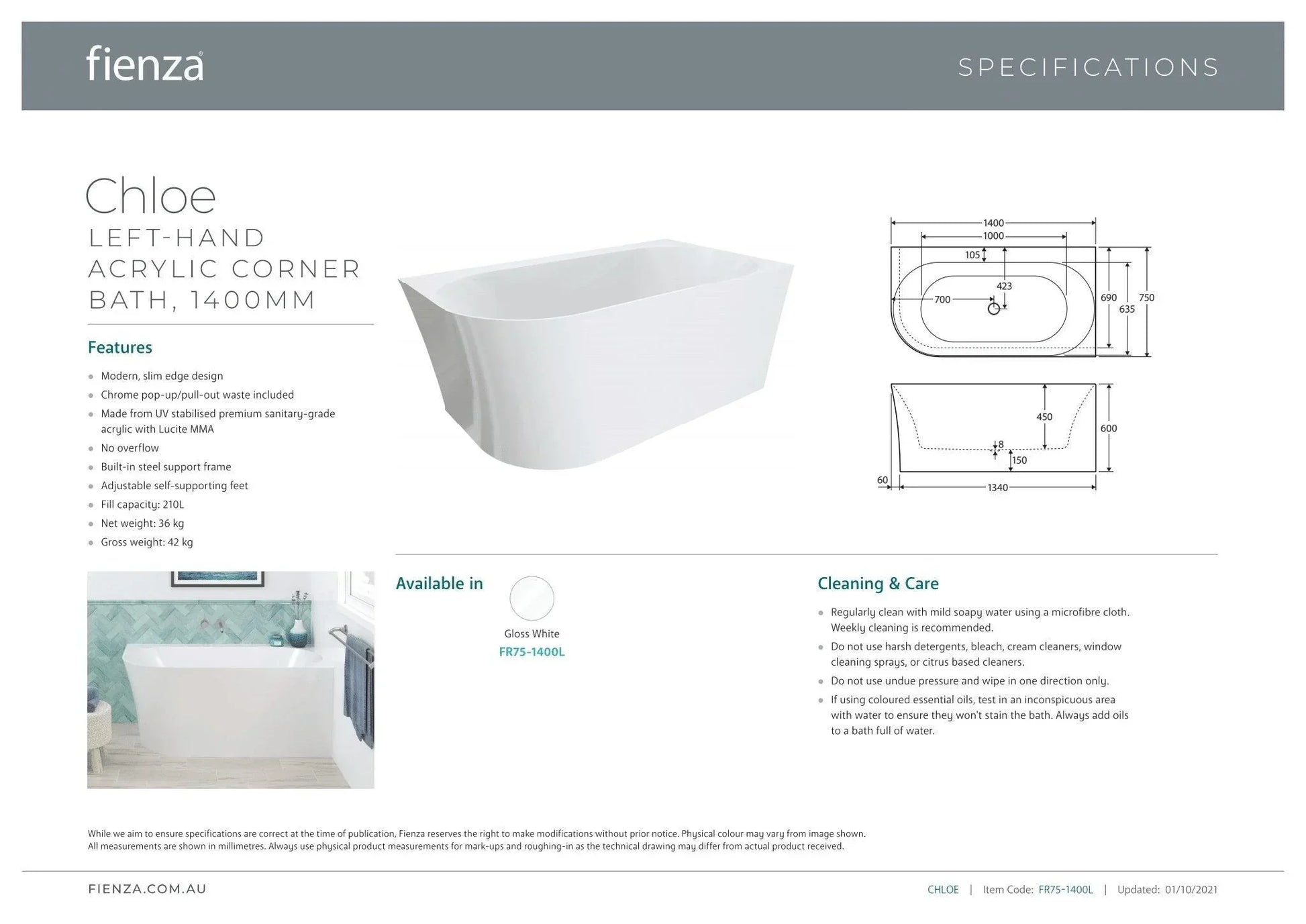 Fienza Cloe 1400mm Corner Back To Wall Bath - Ideal Bathroom CentreFR75-1400RRight Hand Corner