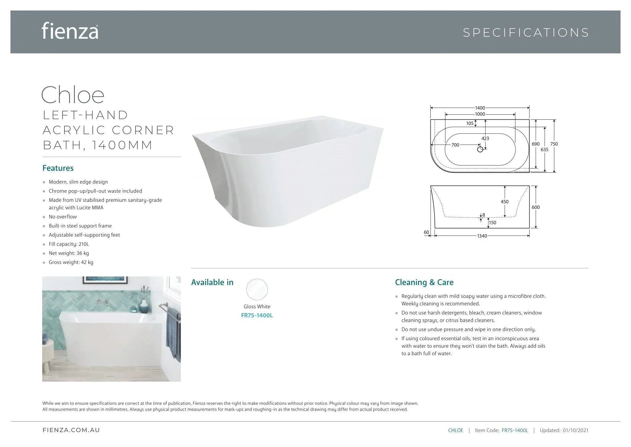 Fienza Cloe 1400mm Corner Back To Wall Bath - Ideal Bathroom CentreFR75-1400RRight Hand Corner