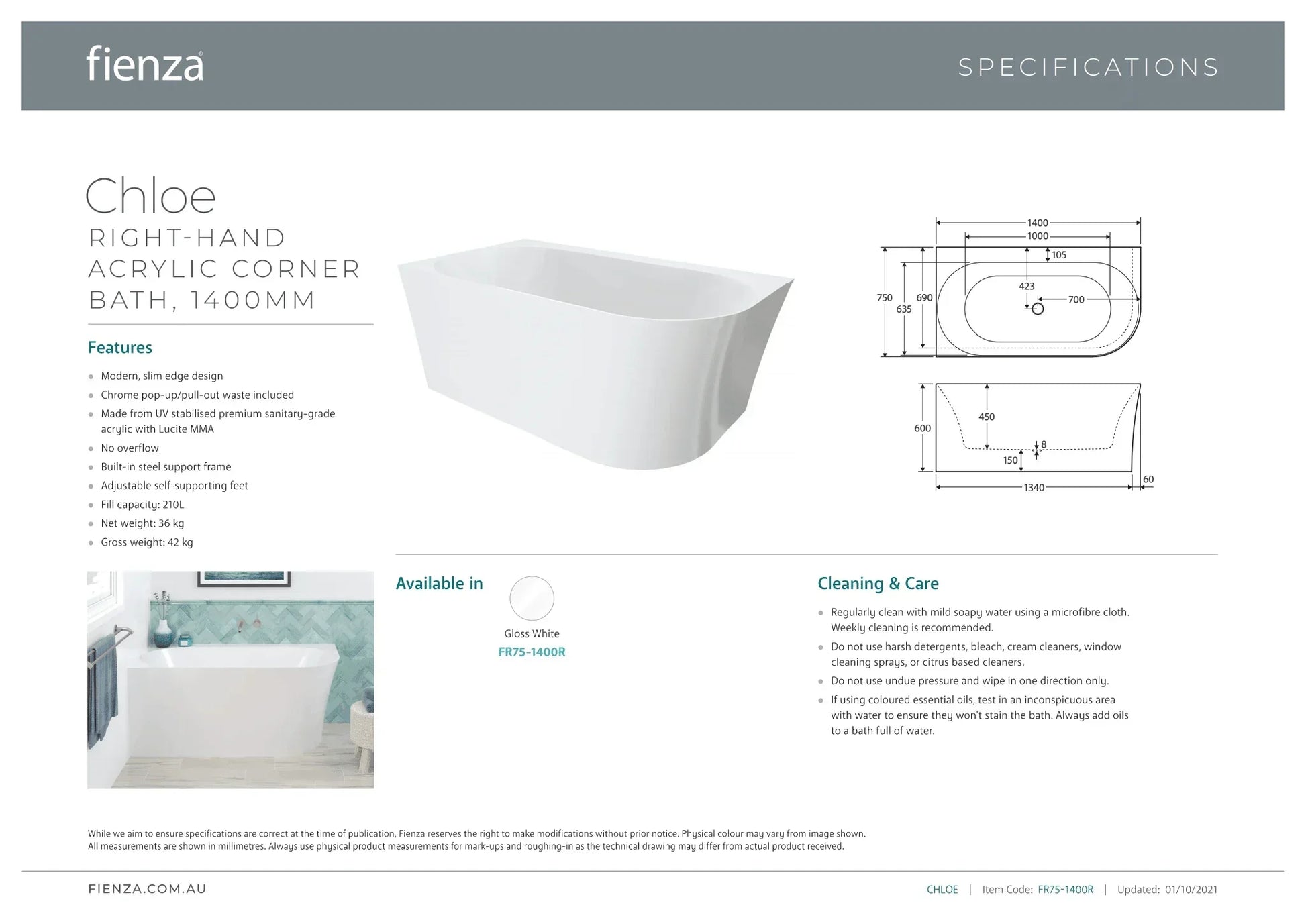Fienza Cloe 1400mm Corner Back To Wall Bath - Ideal Bathroom CentreFR75-1400RRight Hand Corner