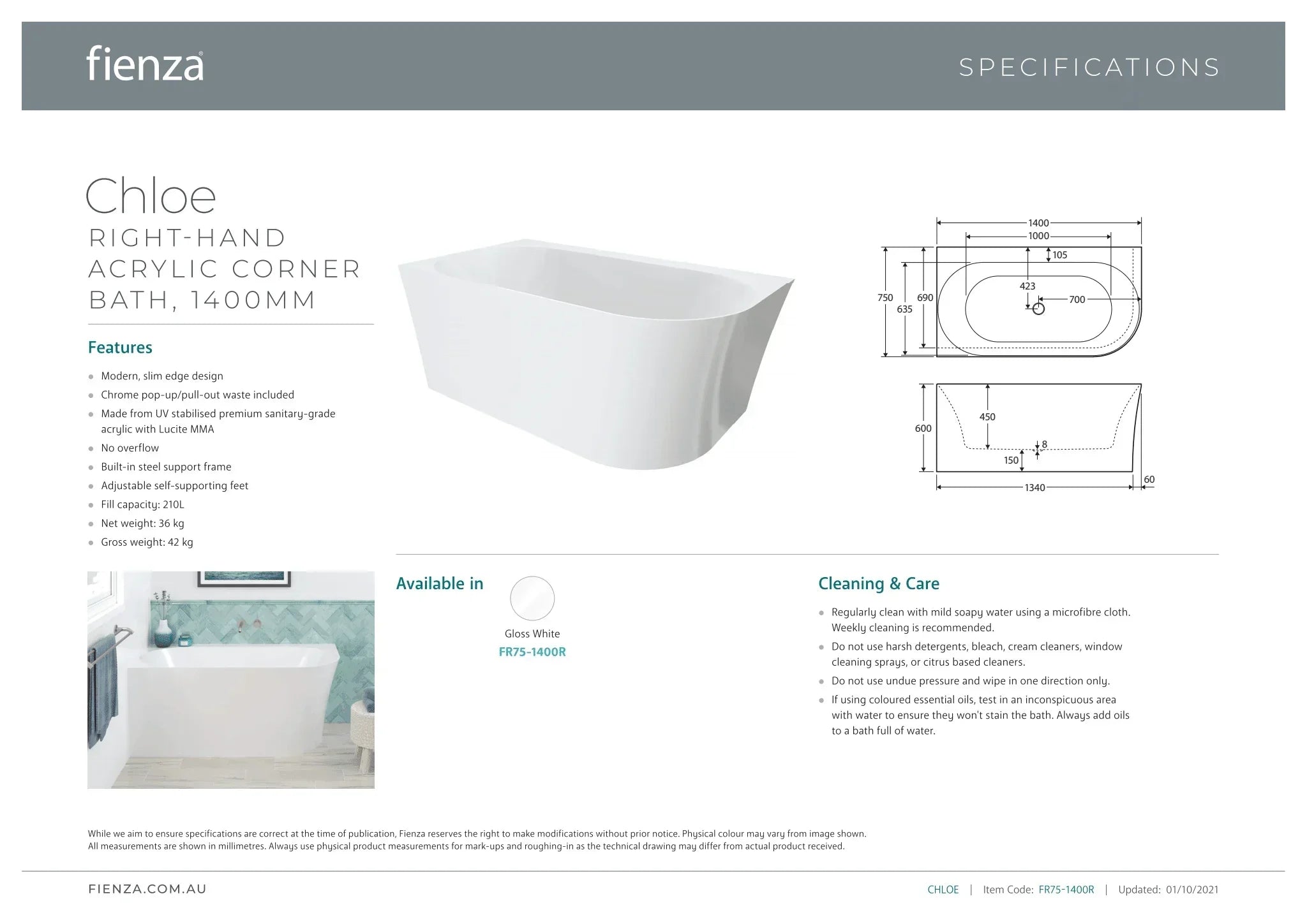 Fienza Cloe 1400mm Corner Back To Wall Bath - Ideal Bathroom CentreFR75-1400RRight Hand Corner