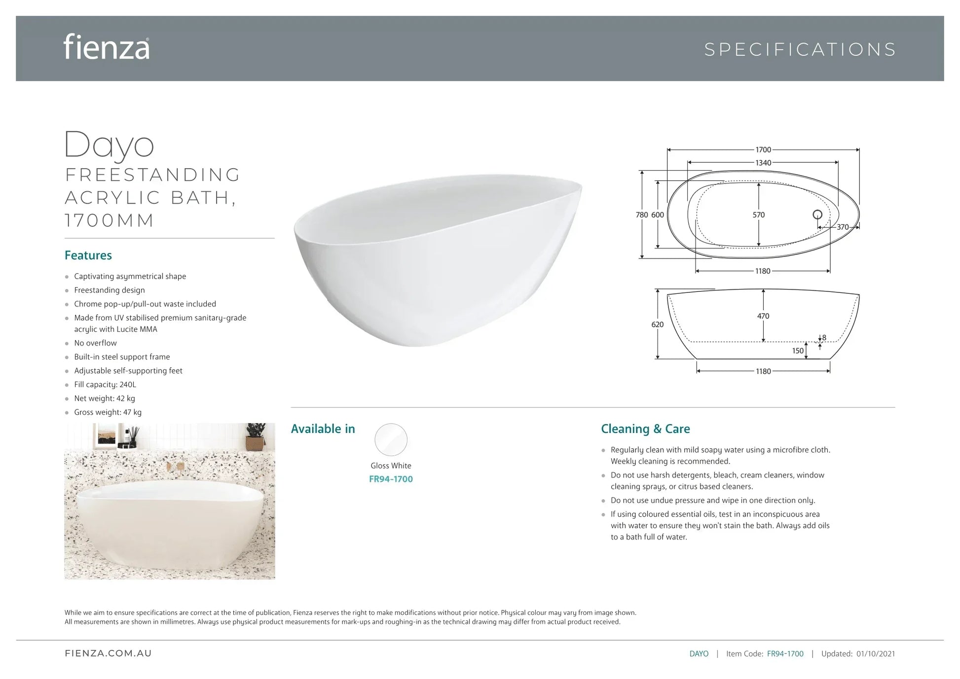 Fienza Dayo 1500/1700mm Freestanding Bath - Ideal Bathroom CentreFR94-15001500mm