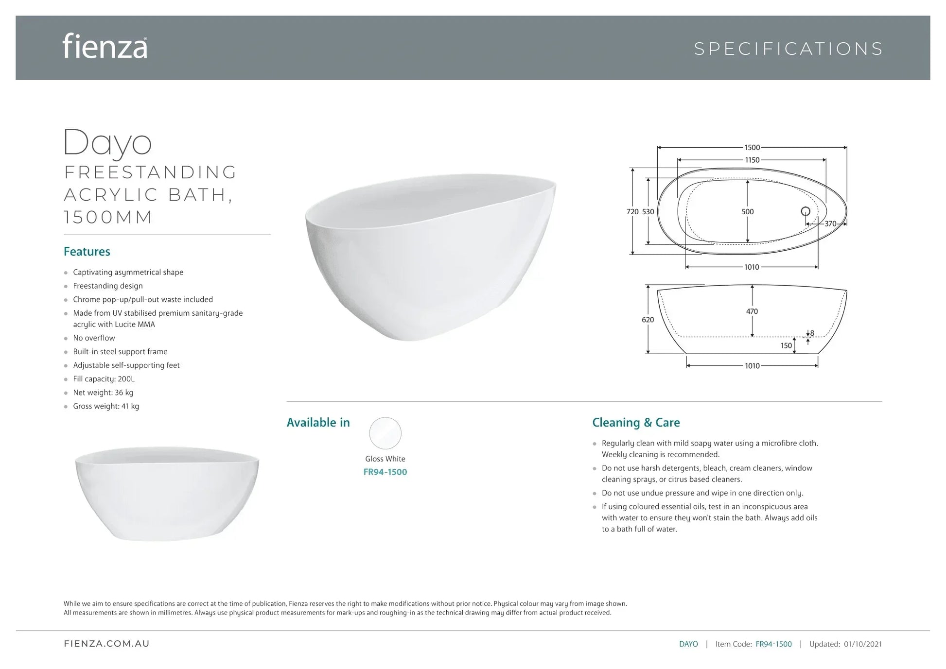 Fienza Dayo 1500/1700mm Freestanding Bath - Ideal Bathroom CentreFR94-15001500mm