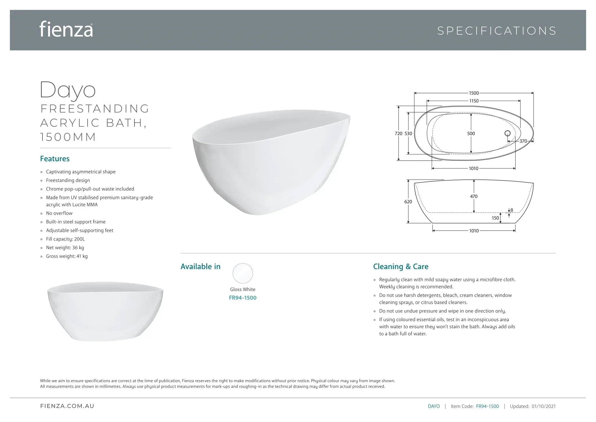 Fienza Dayo 1500/1700mm Freestanding Bath - Ideal Bathroom CentreFR94-15001500mm
