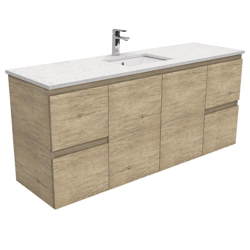 Fienza Edge Scandi Oak 1500mm Vanity With Undermounted Stone Top - Ideal Bathroom CentreSI150SSWall HungBianco MarbleSingle Centre Bowl