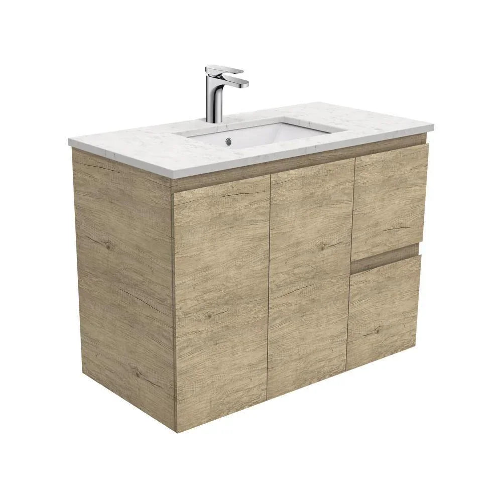 Fienza Edge Scandi Oak 900mm Vanity With Undermounted Stone Top - Ideal Bathroom CentreSI90SRWall HungRight Hand DrawersBianco Marble