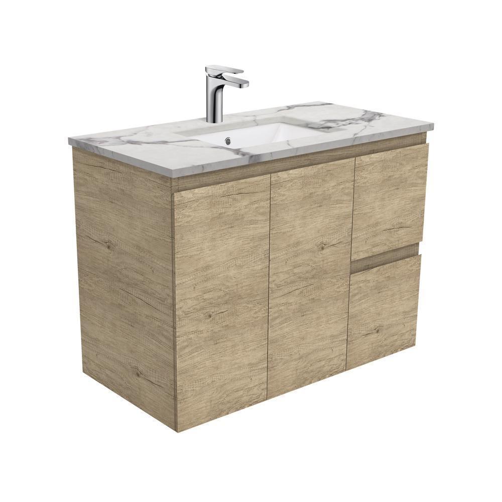 Fienza Edge Scandi Oak 900mm Vanity With Undermounted Stone Top - Ideal Bathroom CentreSM90SRWall HungRight Hand DrawersCalacatta Marble