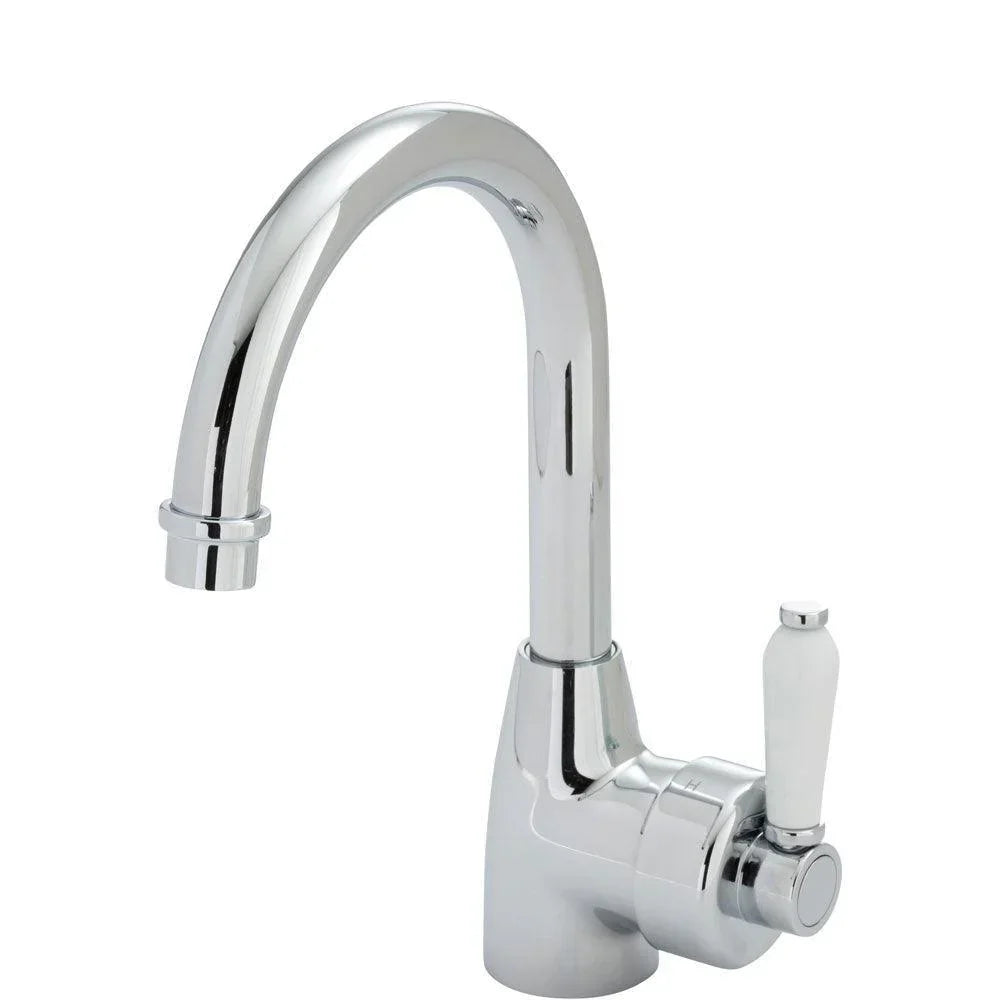 Fienza ELEANOR Gooseneck Basin Mixer with Porcelain Handle - Ideal Bathroom Centre202104Chrome