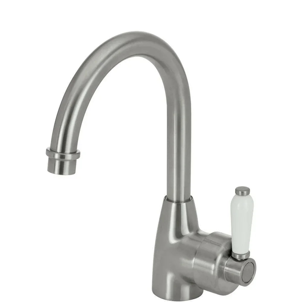 Fienza ELEANOR Gooseneck Basin Mixer with Porcelain Handle - Ideal Bathroom Centre202104BNBushed Nickel
