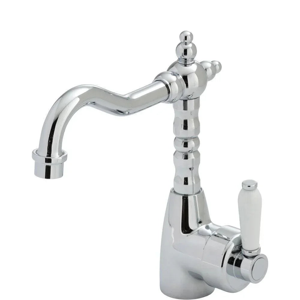 Fienza ELEANOR Shepherds Crook Basin Mixer with Porcelain Handle - Ideal Bathroom Centre202103Chrome