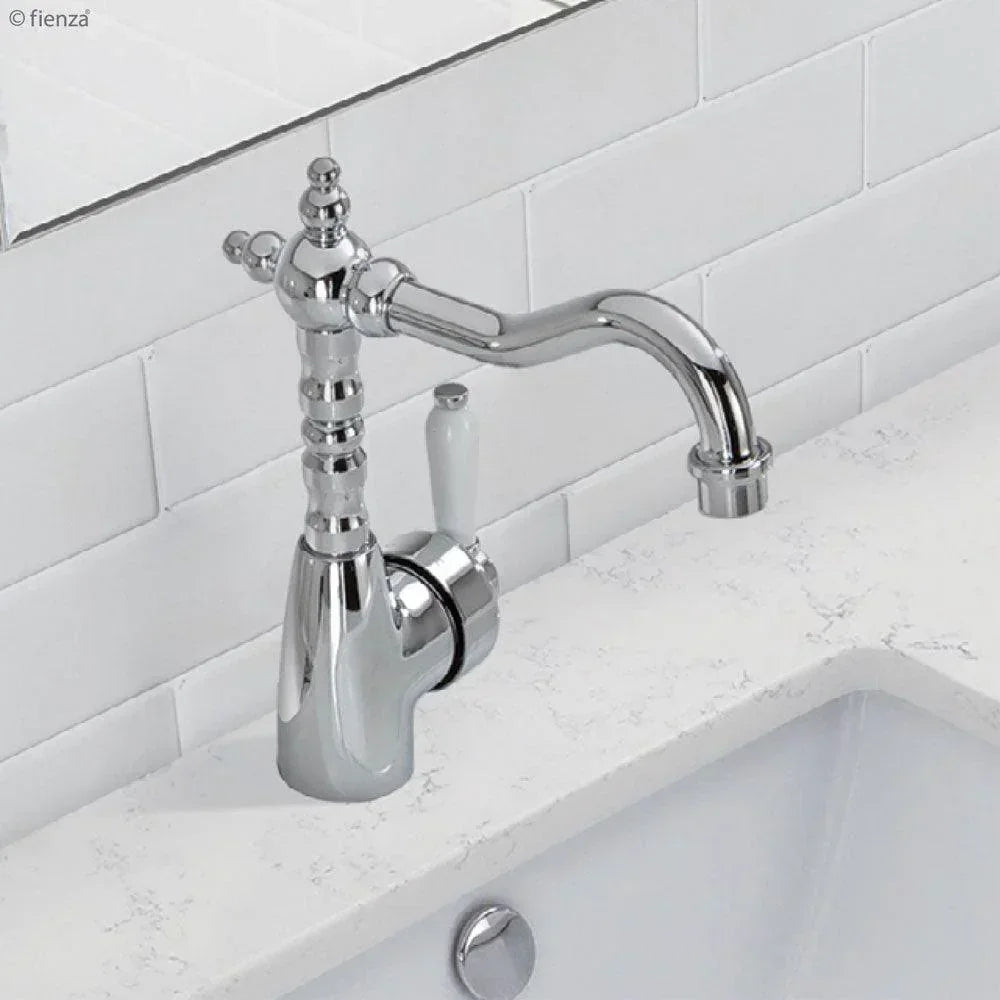 Fienza ELEANOR Shepherds Crook Basin Mixer with Porcelain Handle - Ideal Bathroom Centre202103Chrome