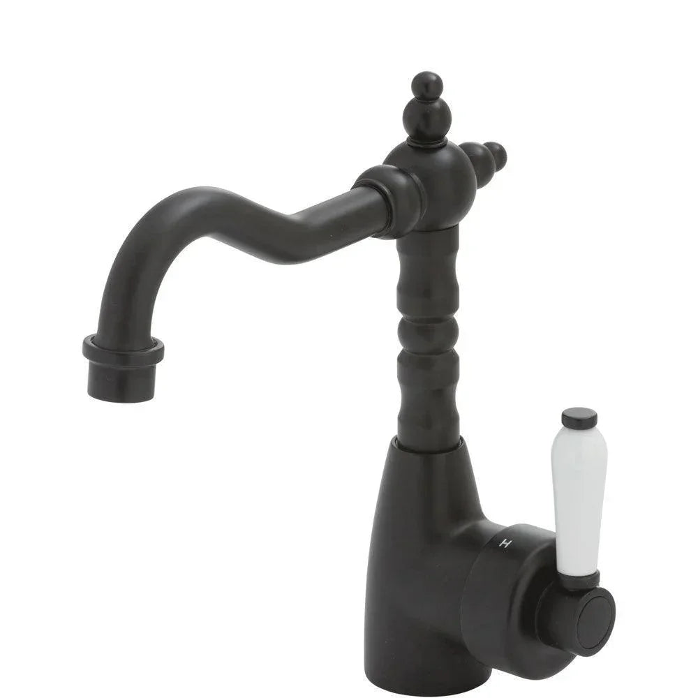 Fienza ELEANOR Shepherds Crook Basin Mixer with Porcelain Handle - Ideal Bathroom Centre202103BKMatte Black