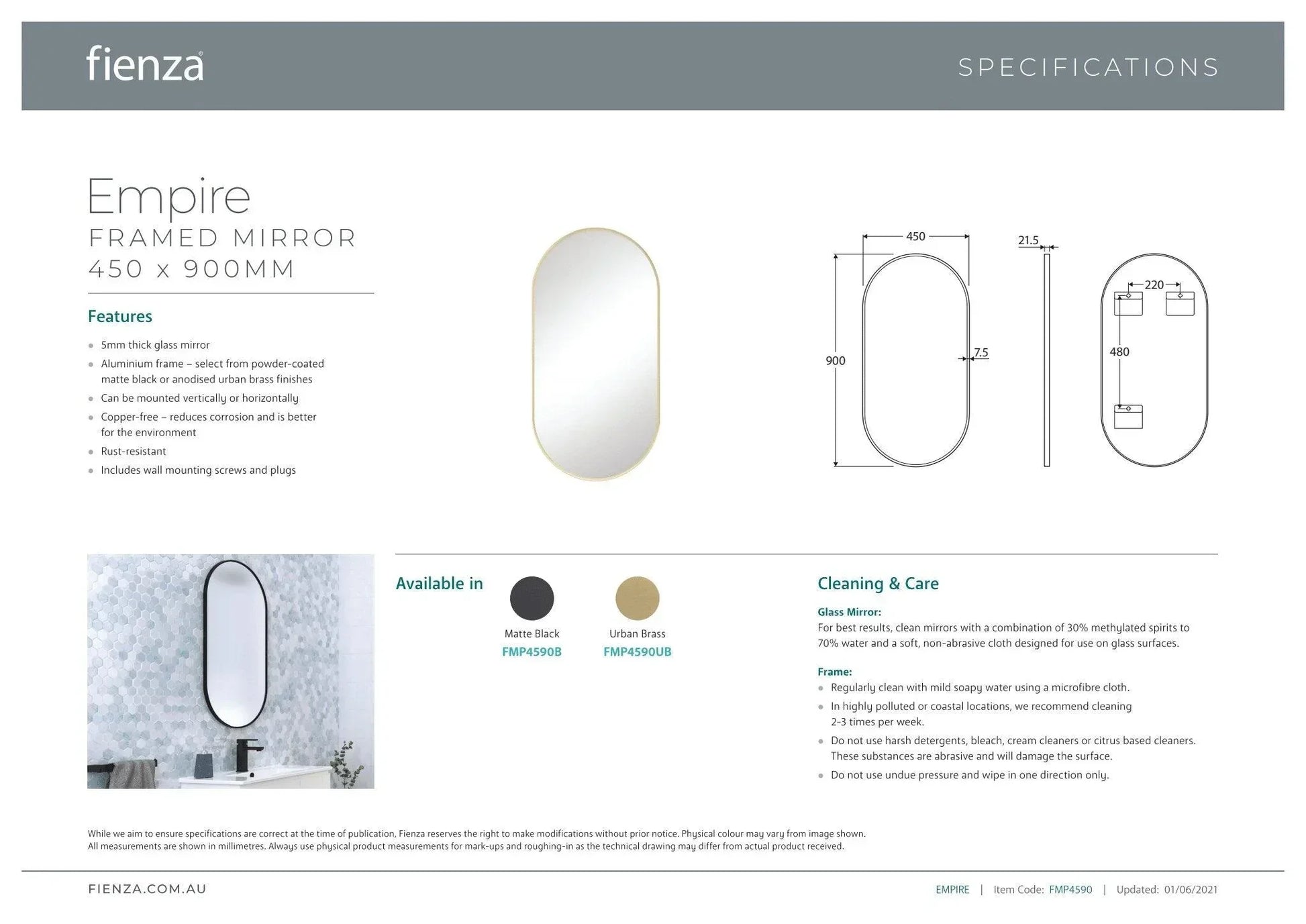 Fienza Empire Pill Metal Framed Mirror - Ideal Bathroom CentreFMP60120UBUrbane Brass600x1200mm