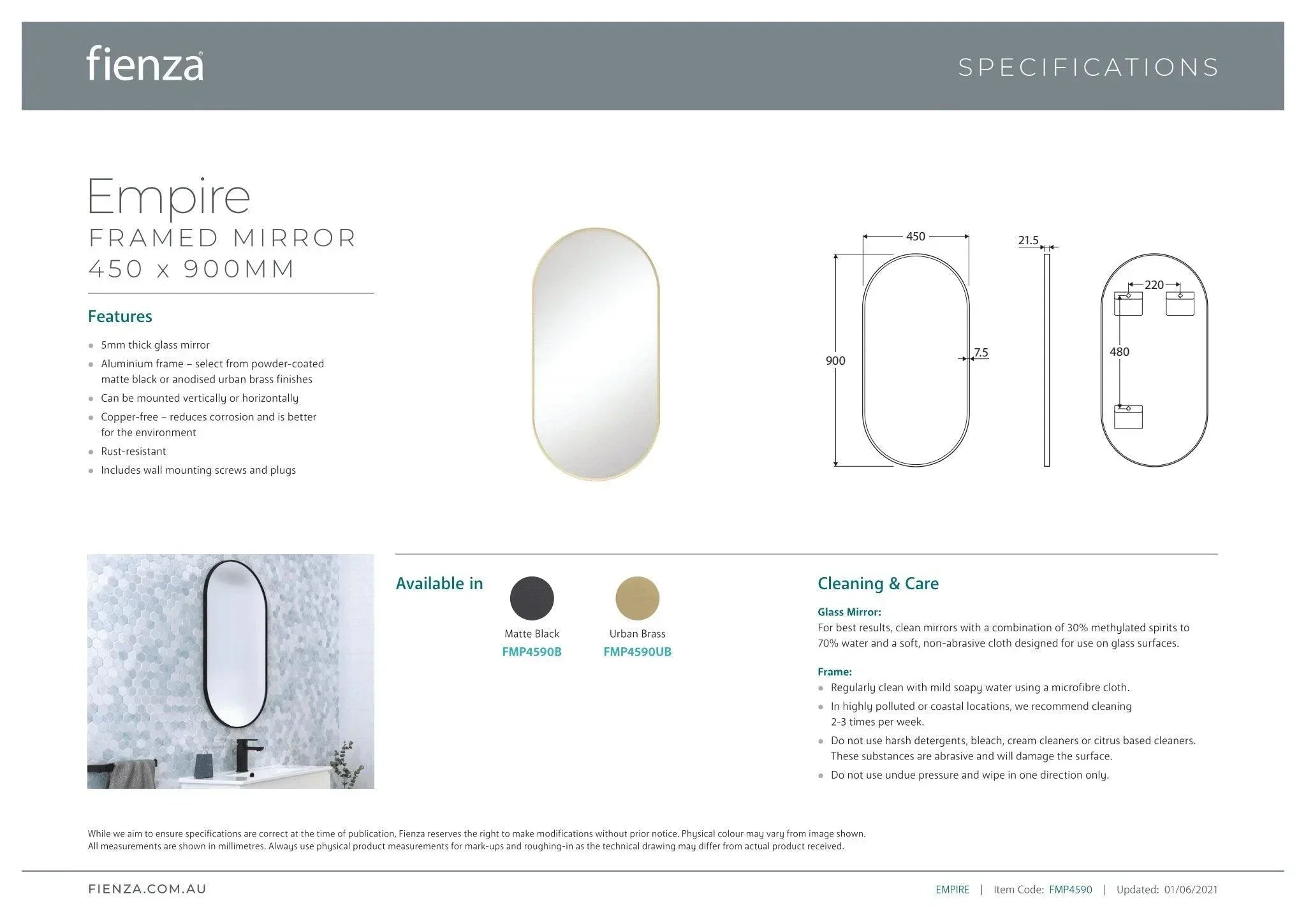Fienza Empire Pill Metal Framed Mirror - Ideal Bathroom CentreFMP60120UBUrbane Brass600x1200mm