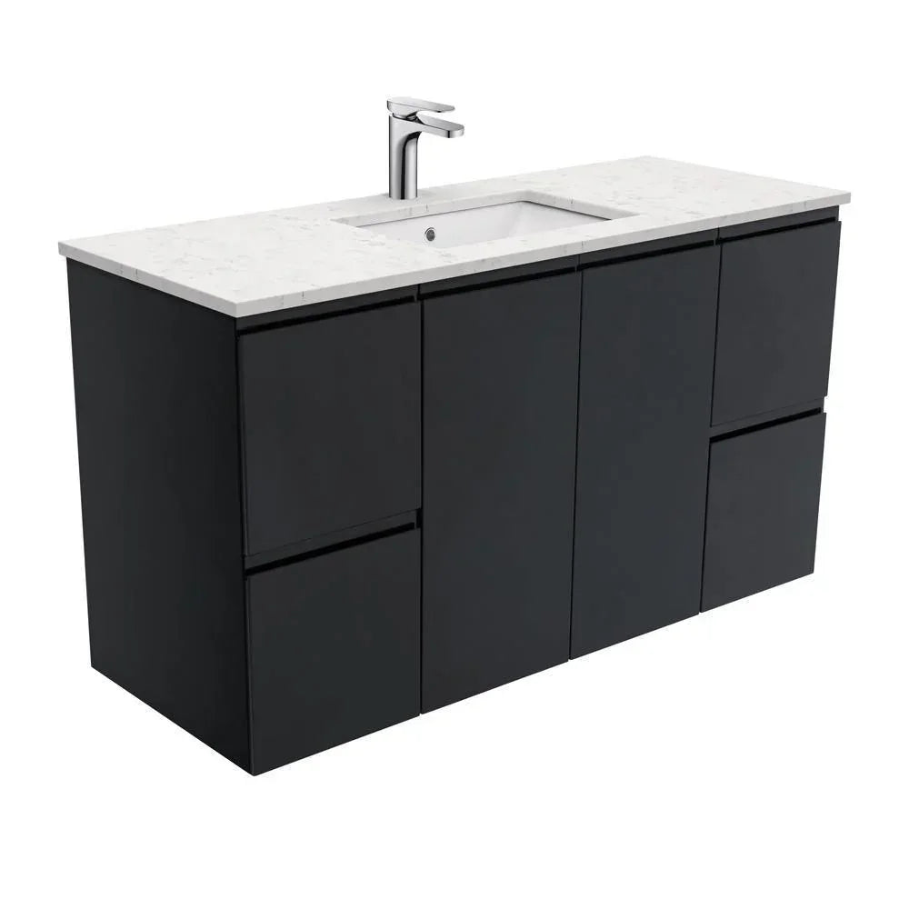 Fienza Finger Pull Matte Black 1200mm Vanity With Undermounted Stone Top - Ideal Bathroom CentreSI120ZBWall HungBianco Marble