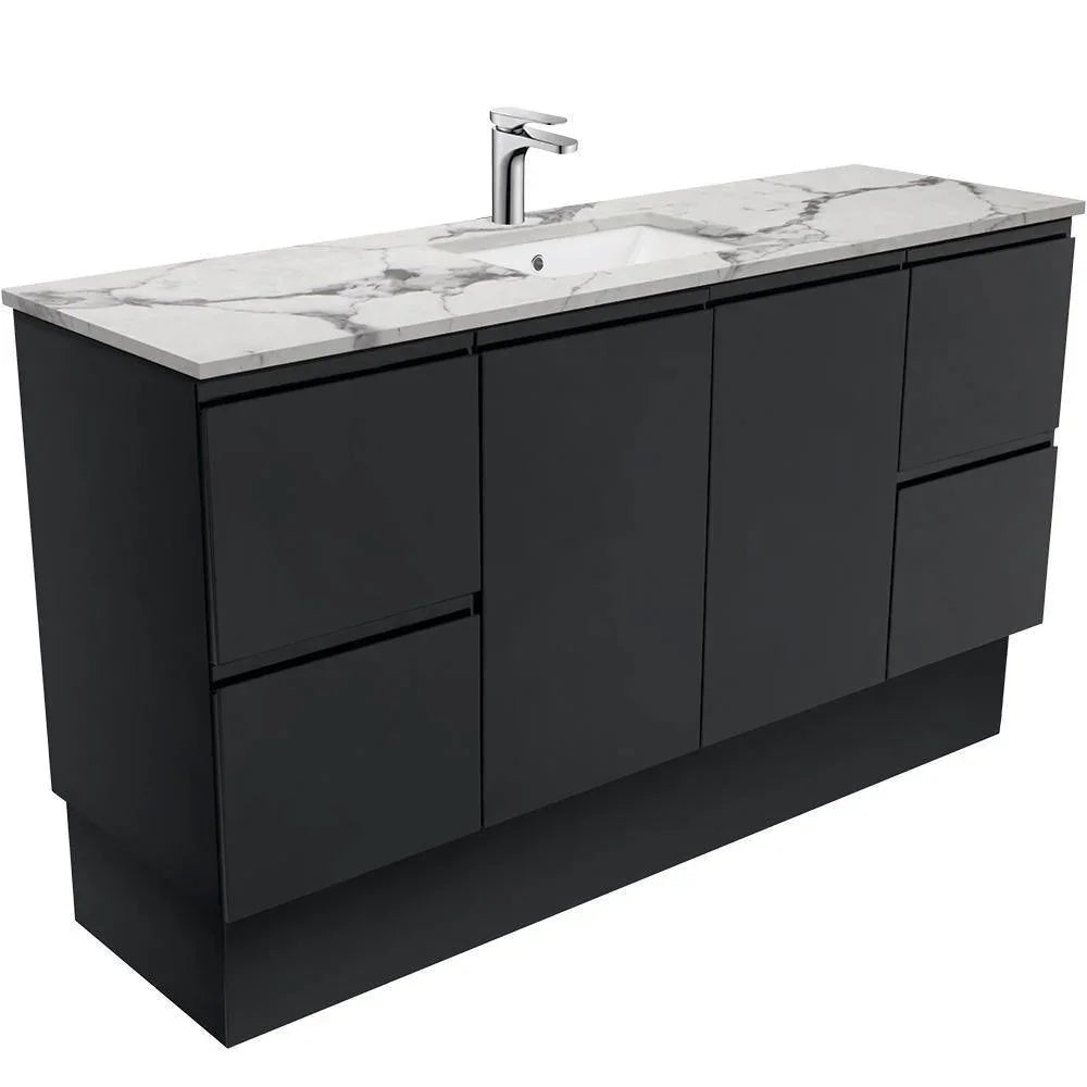 Fienza Finger Pull Matte Black 1500mm Vanity With Undermounted Stone Top - Ideal Bathroom CentreSM150ZBKSFreestandingCalacatta MarbleSingle Centre Bowl