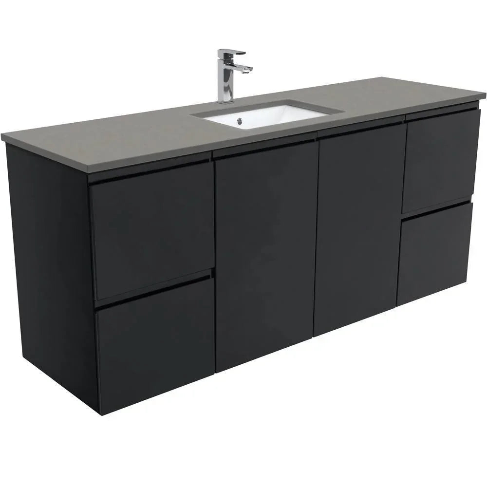Fienza Finger Pull Matte Black 1500mm Vanity With Undermounted Stone Top - Ideal Bathroom CentreSD150ZBSWall HungDove GreySingle Centre Bowl