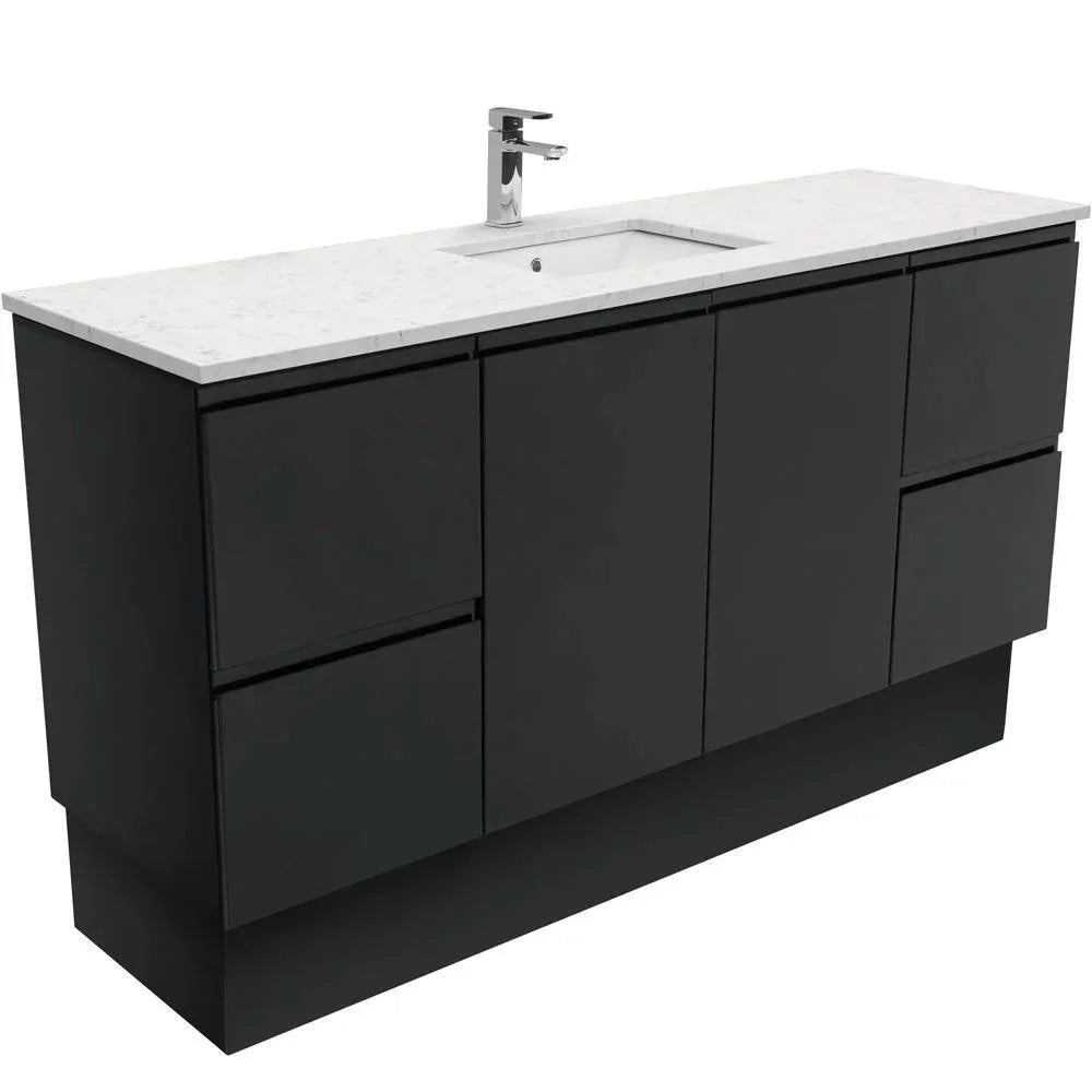 Fienza Finger Pull Matte Black 1500mm Vanity With Undermounted Stone Top - Ideal Bathroom CentreSI150ZBKSFreestandingBianco MarbleSingle Centre Bowl