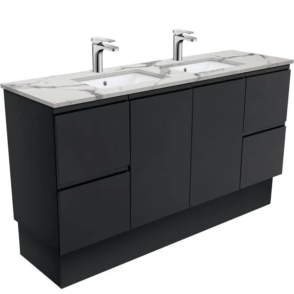 Fienza Finger Pull Matte Black 1500mm Vanity With Undermounted Stone Top - Ideal Bathroom CentreSM150ZBKDFreestandingCalacatta MarbleDouble Bowl