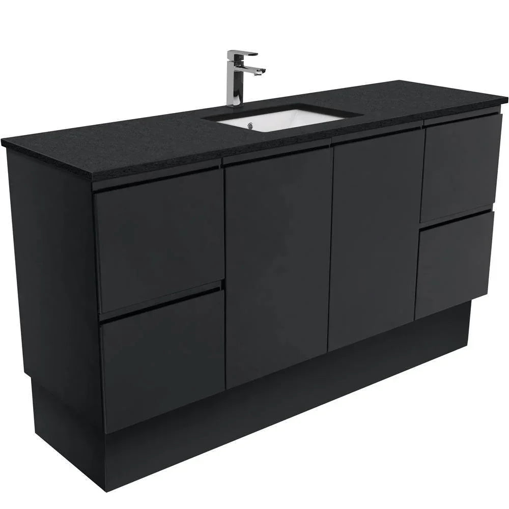 Fienza Finger Pull Matte Black 1500mm Vanity With Undermounted Stone Top - Ideal Bathroom CentreSB150ZBKSFreestandingBlack SparkleSingle Centre Bowl