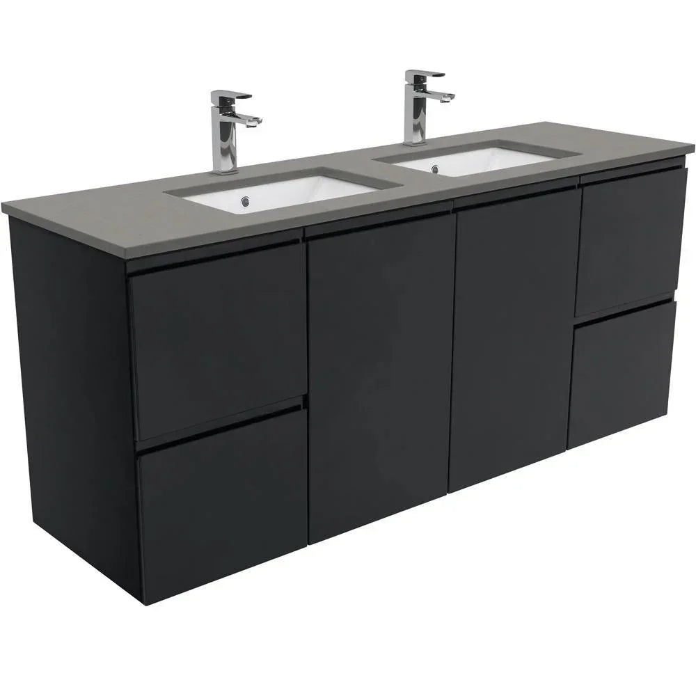 Fienza Finger Pull Matte Black 1500mm Vanity With Undermounted Stone Top - Ideal Bathroom CentreSD150ZBDWall HungDove GreyDouble Bowl