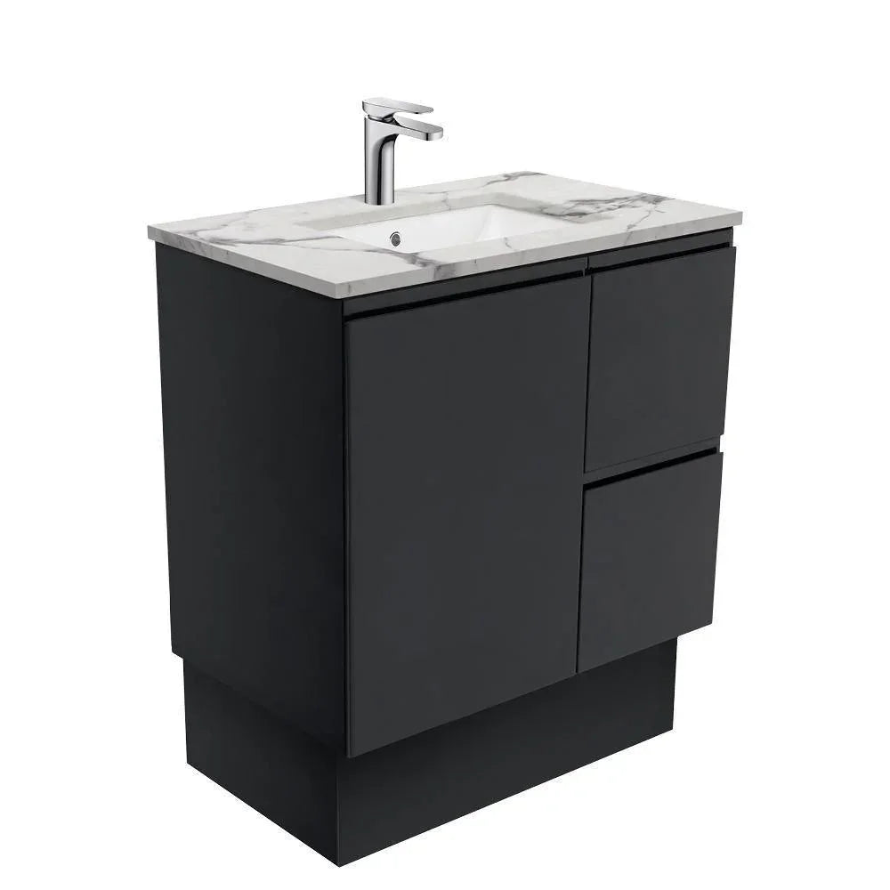 Fienza Finger Pull Matte Black 750mm Vanity With Undermounted Stone Top - Ideal Bathroom CentreSM75ZBKRFreestandingRight Hand DrawersCalacatta Marble