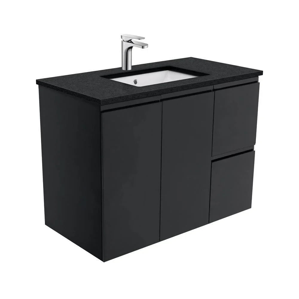 Fienza Finger Pull Matte Black 900mm Vanity With Undermounted Stone Top - Ideal Bathroom CentreSB90ZBRWall HungRight Hand DrawersBlack Sparkle