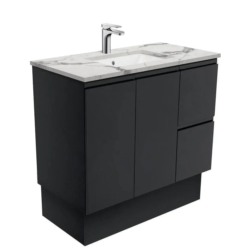 Fienza Finger Pull Matte Black 900mm Vanity With Undermounted Stone Top - Ideal Bathroom CentreSM90ZBKRFreestandingRight Hand DrawersCalacatta Marble