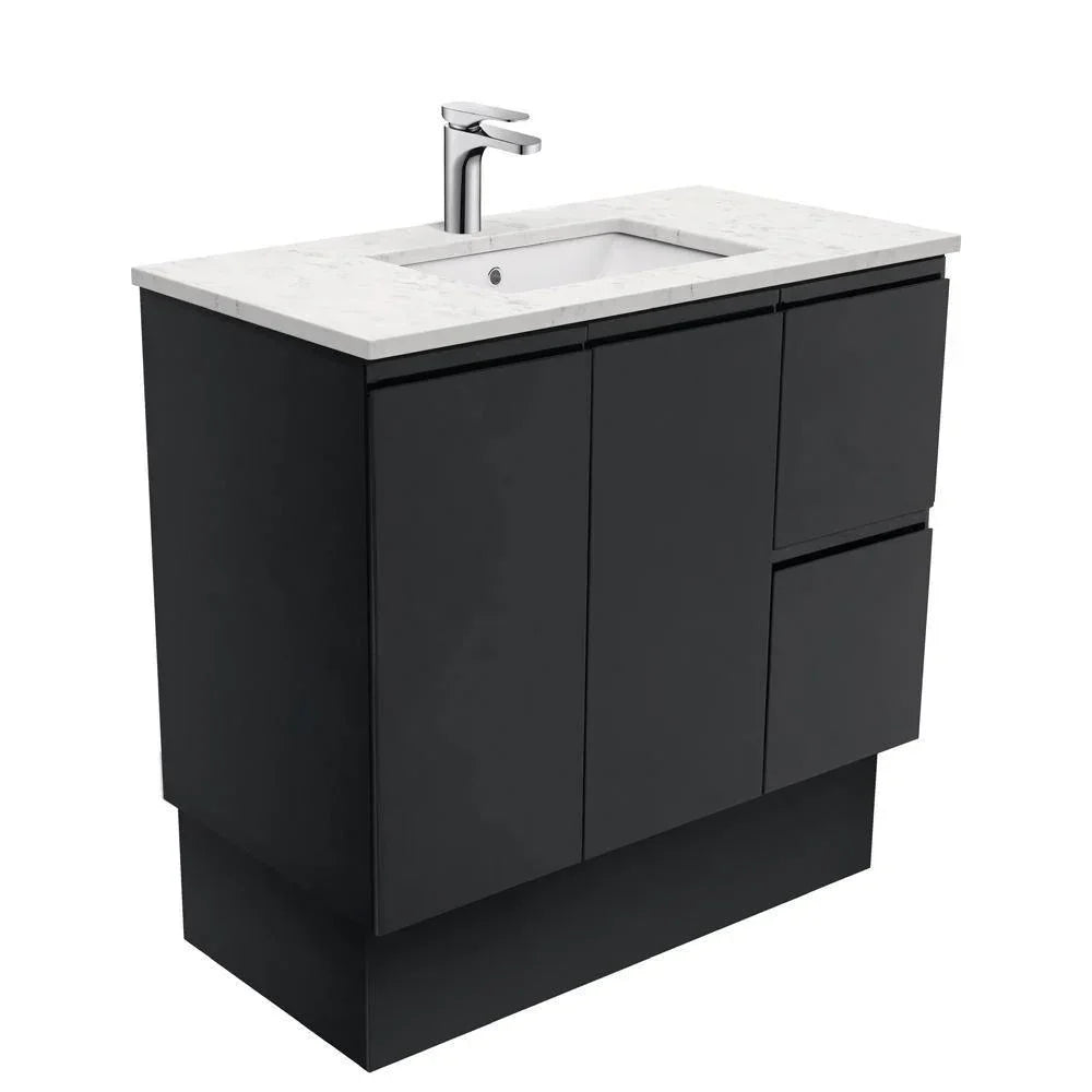 Fienza Finger Pull Matte Black 900mm Vanity With Undermounted Stone Top - Ideal Bathroom CentreSI90ZBKRFreestandingRight Hand DrawersBianco Marble