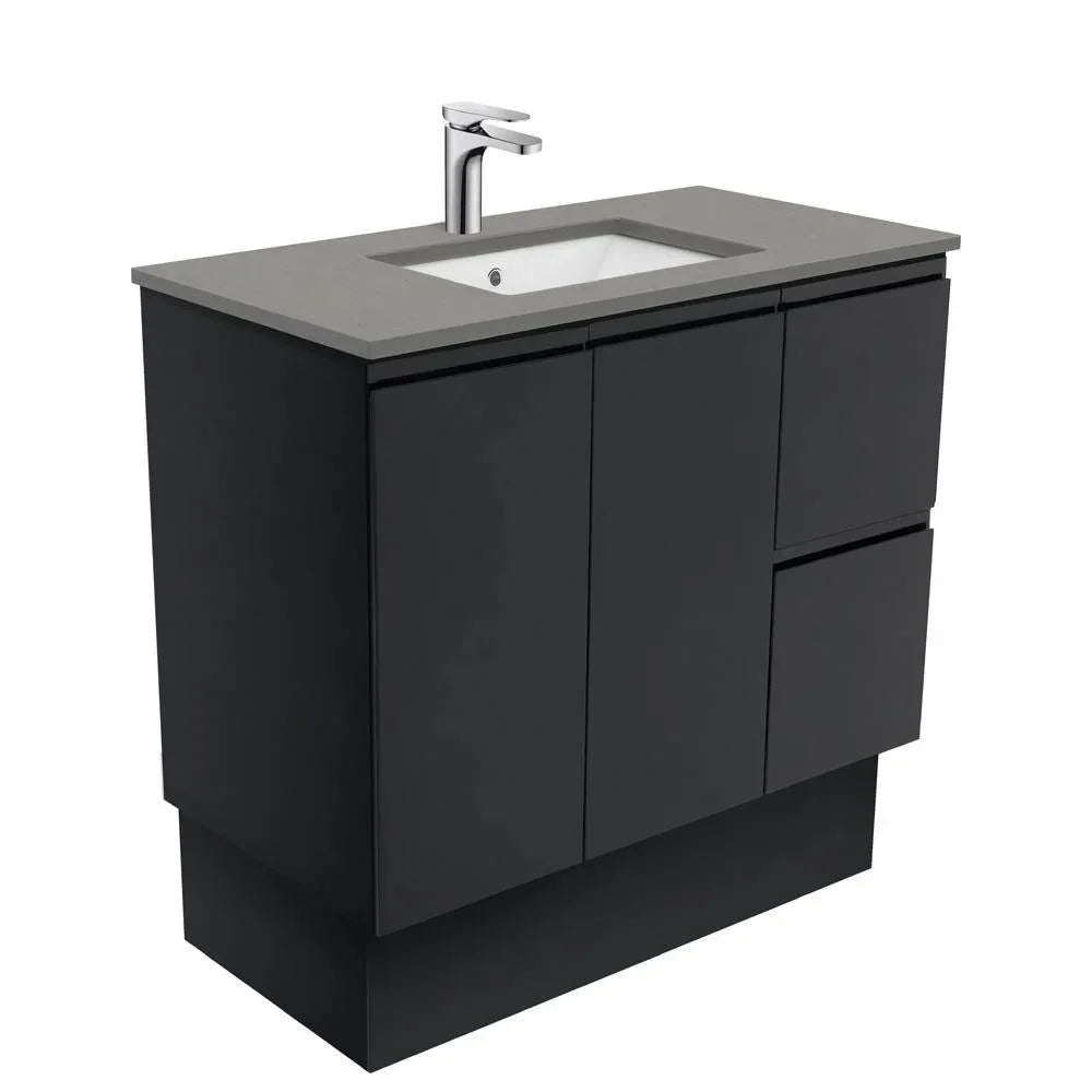 Fienza Finger Pull Matte Black 900mm Vanity With Undermounted Stone Top - Ideal Bathroom CentreSD90ZBKRFreestandingRight Hand DrawersDove Grey