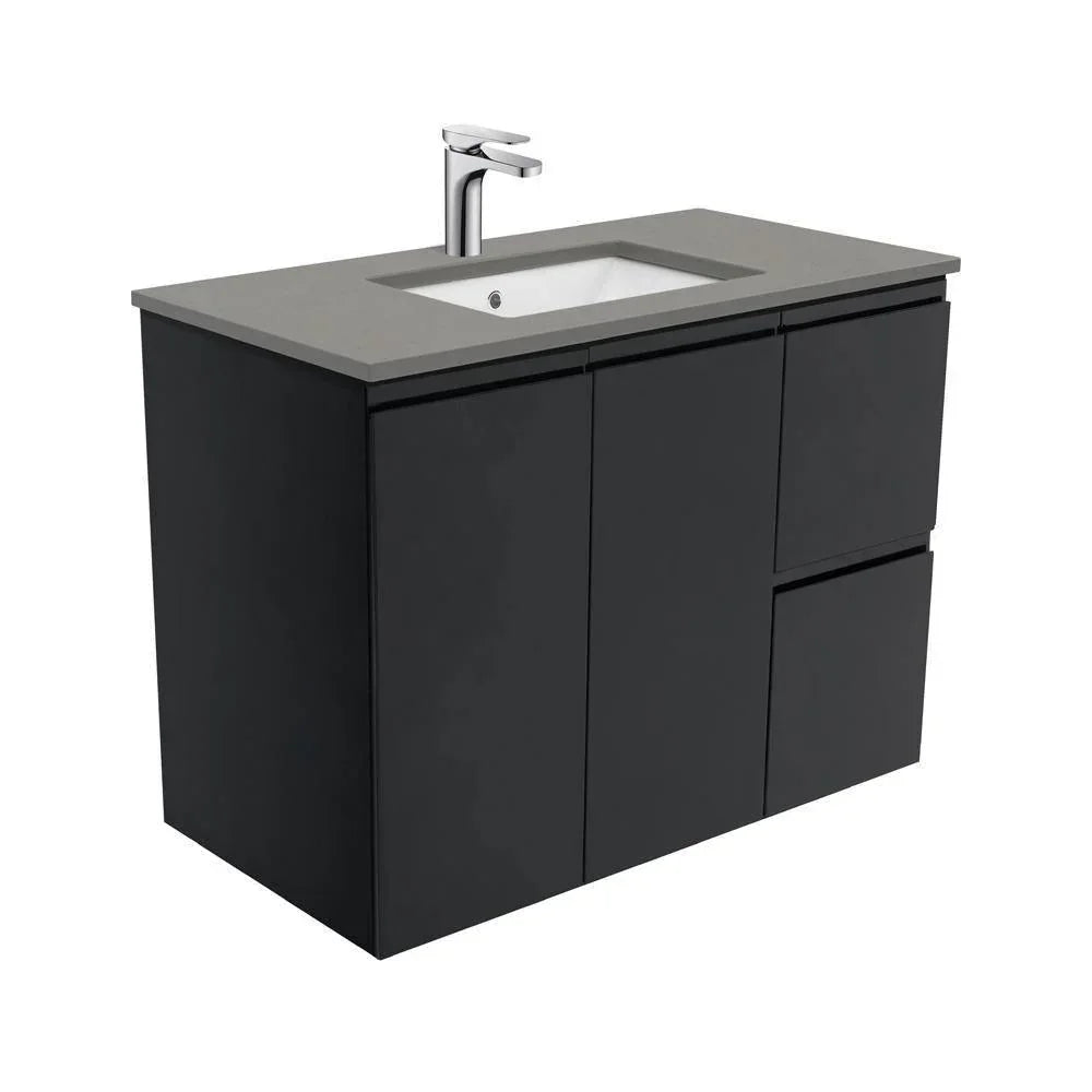Fienza Finger Pull Matte Black 900mm Vanity With Undermounted Stone Top - Ideal Bathroom CentreSD90ZBRWall HungRight Hand DrawersDove Grey