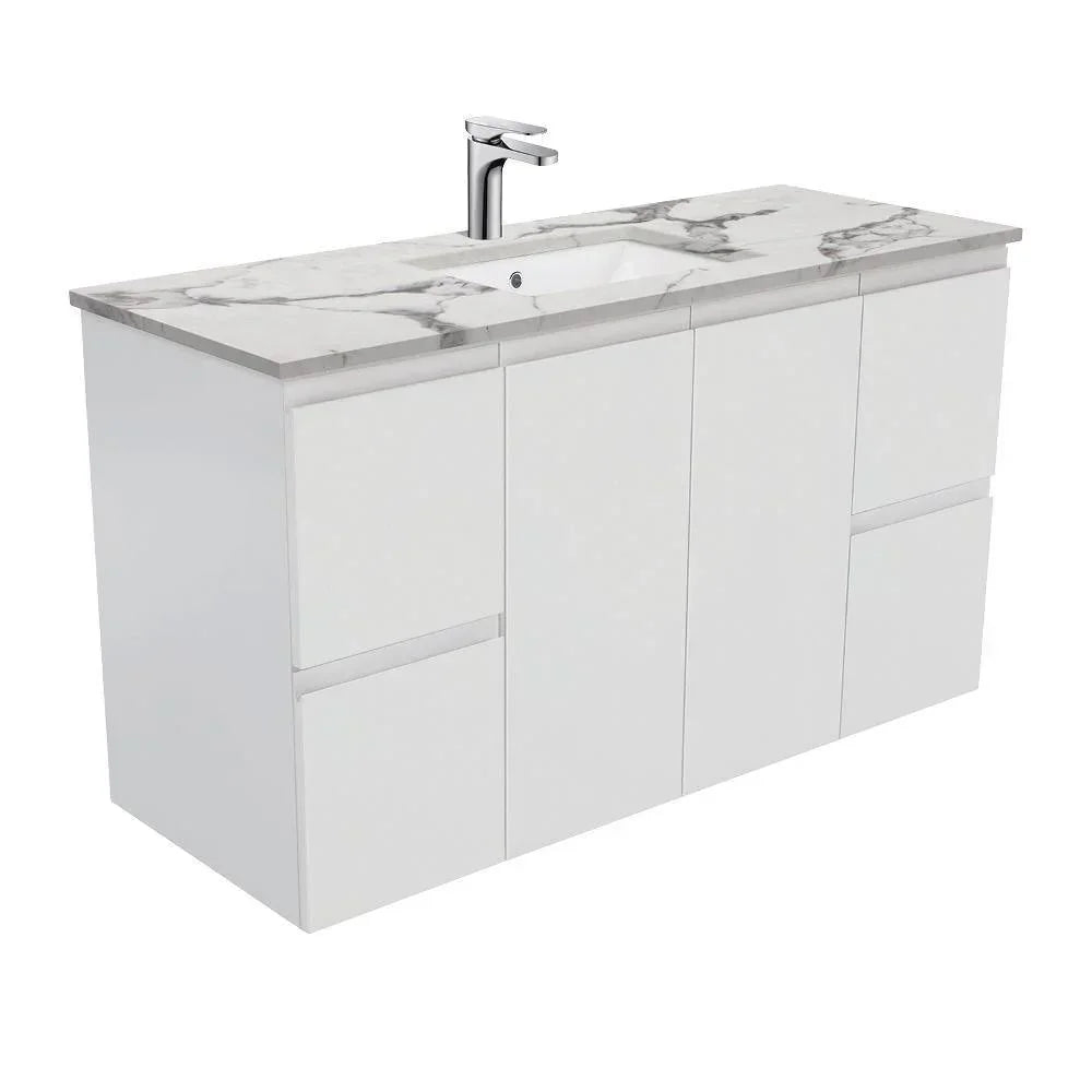 Fienza Finger Pull Matte White 1200mm Vanity With Undermounted Stone Top - Ideal Bathroom CentreSM120ZWall HungCalacatta Marble