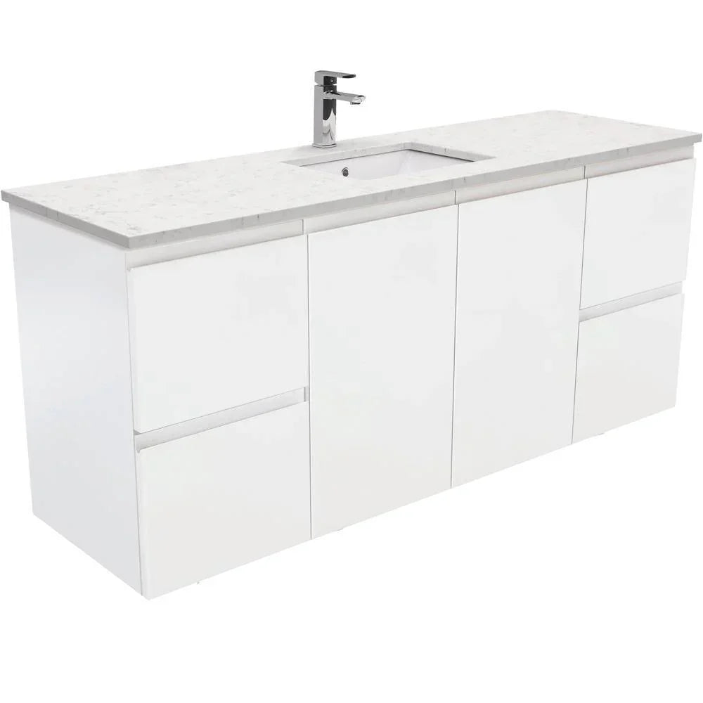 Fienza Finger Pull Matte White 1500mm Vanity With Undermounted Stone Top - Ideal Bathroom CentreSI150ZSWall HungBianco MarbleSingle Centre Bowl