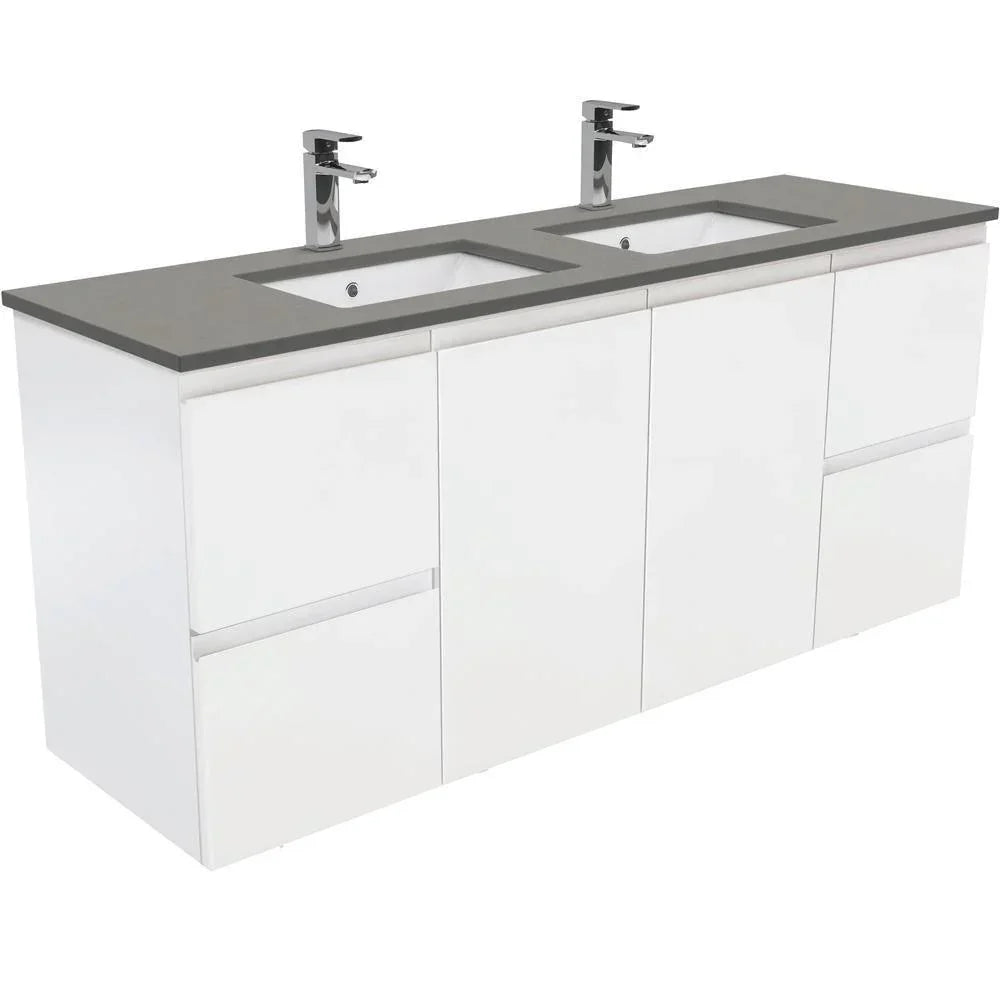 Fienza Finger Pull Matte White 1500mm Vanity With Undermounted Stone Top - Ideal Bathroom CentreSD150ZDWall HungDove GreyDouble Bowl