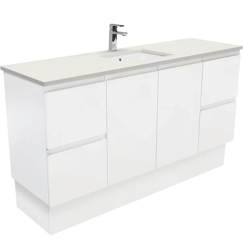 Fienza Finger Pull Matte White 1500mm Vanity With Undermounted Stone Top - Ideal Bathroom CentreSA150ZKSFreestandingRoman SandSingle Centre Bowl